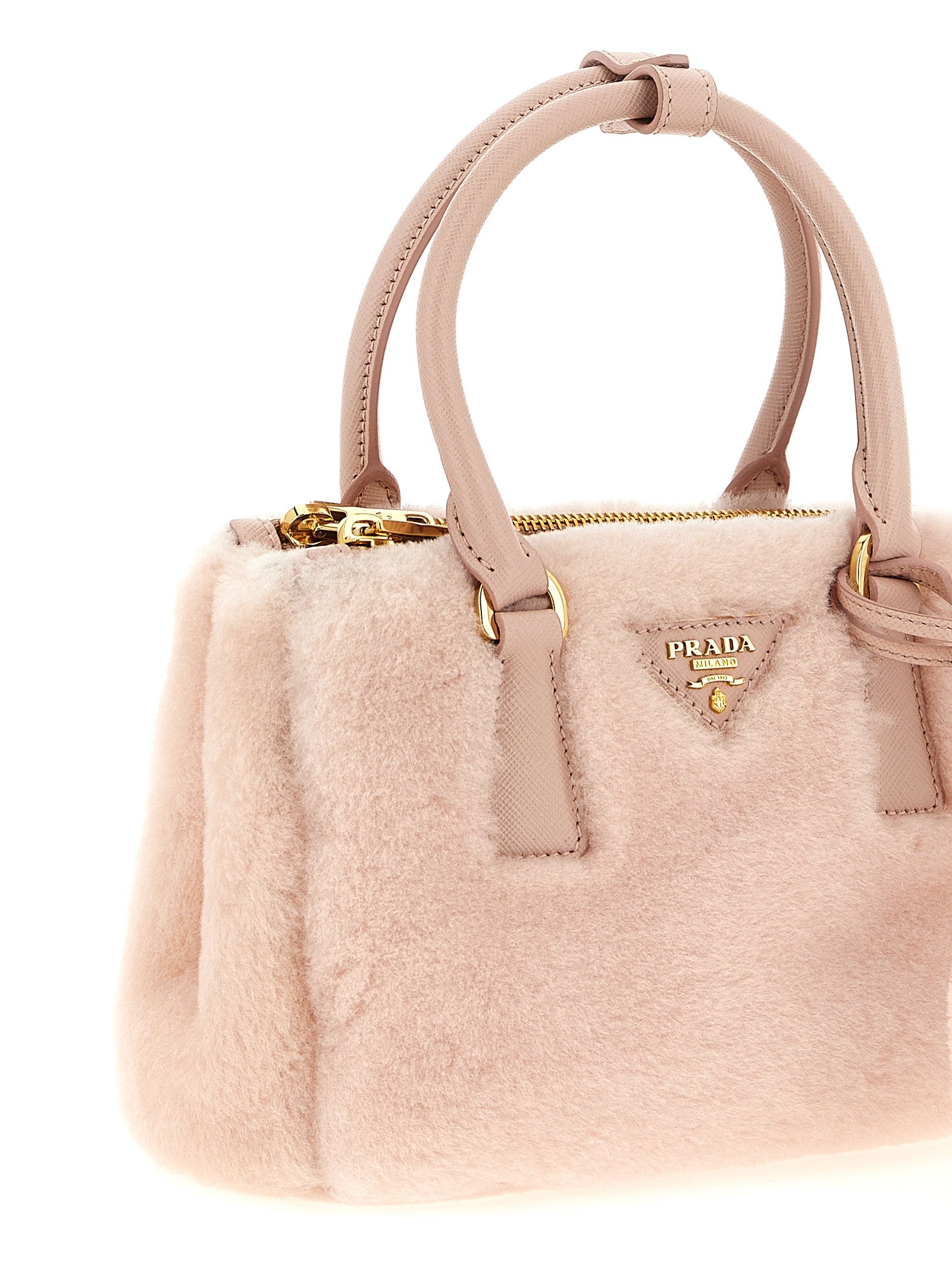 Prada Galleria Mini Shearling Lamb Fur Handbag in Pink | Made in Italy