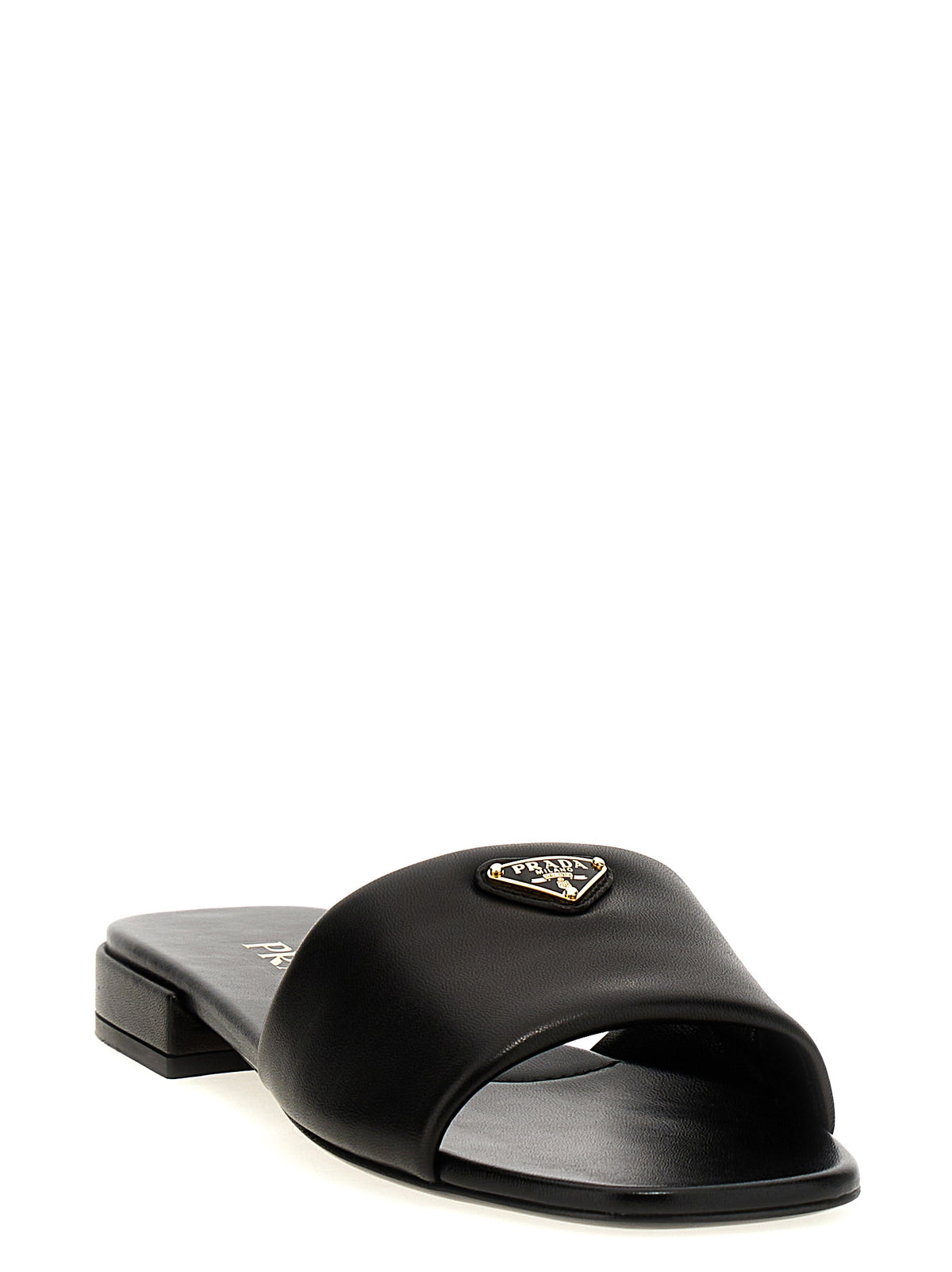 Prada Lamb Leather Triangle Logo Slides in Black | Made in Italy