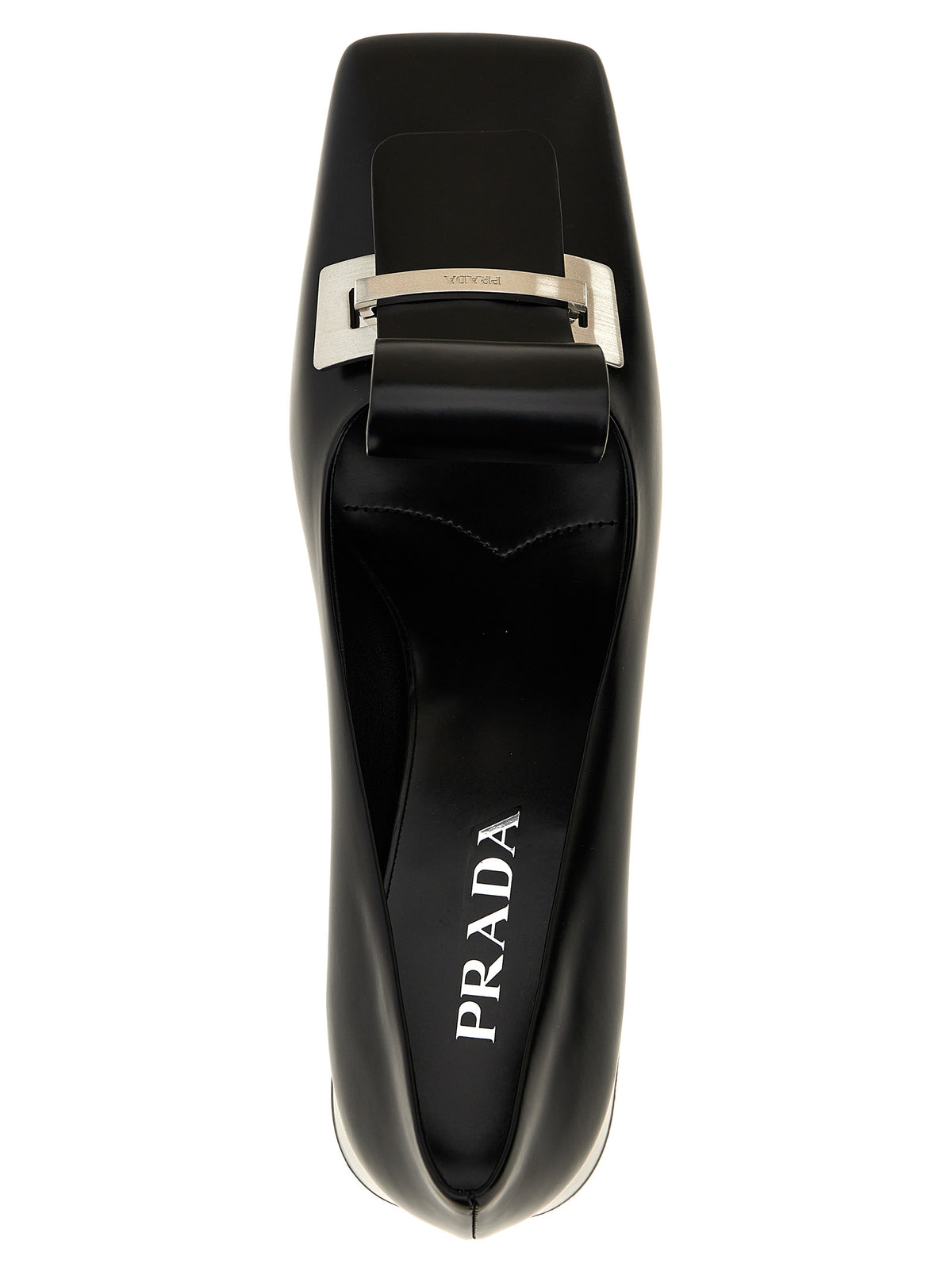 Prada Brushed Calfskin Square Toe Mid Heel Pumps in Black | Made in Italy