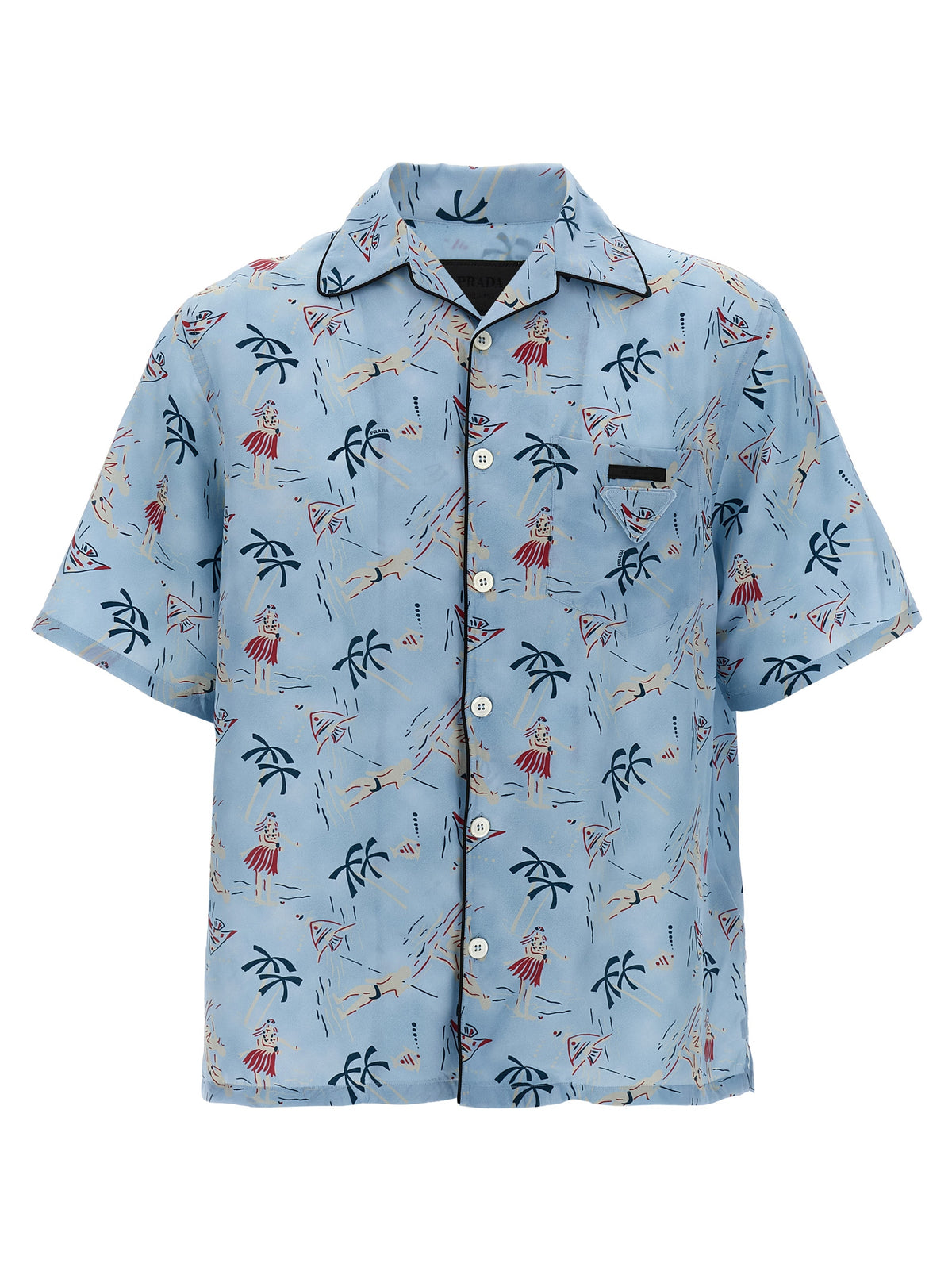 Prada Hawaii Print Silk Bowling Shirt in Light Blue | Made in Italy