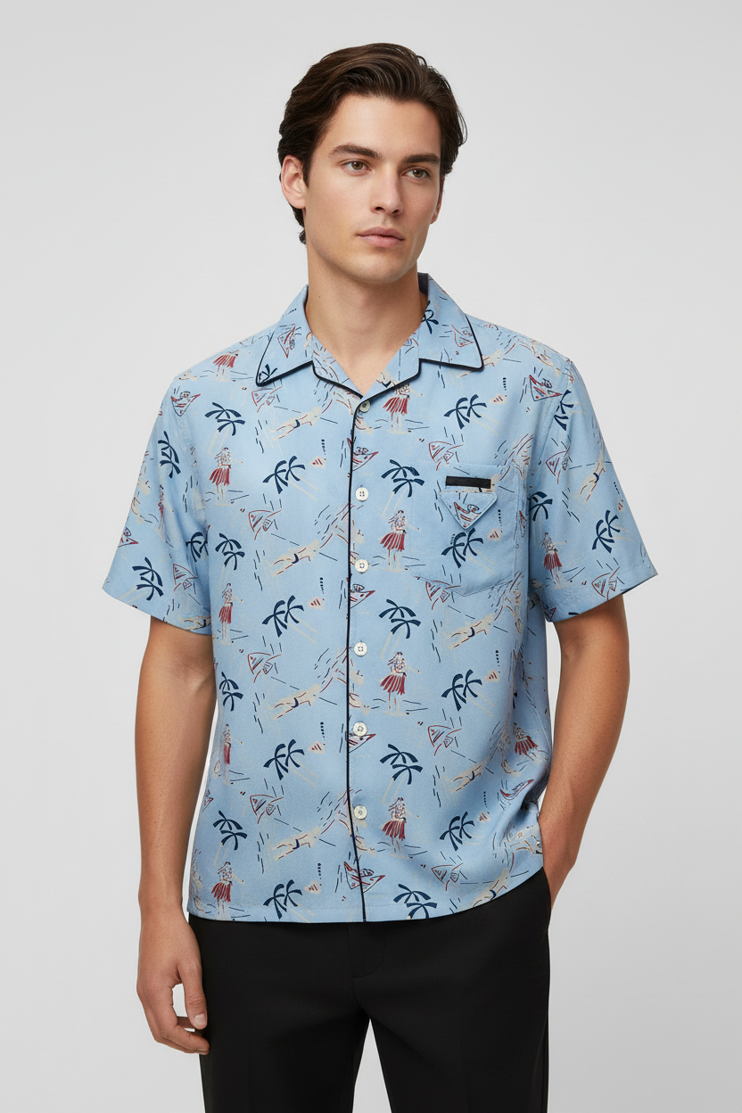 Prada Hawaii Print Silk Bowling Shirt in Light Blue | Made in Italy