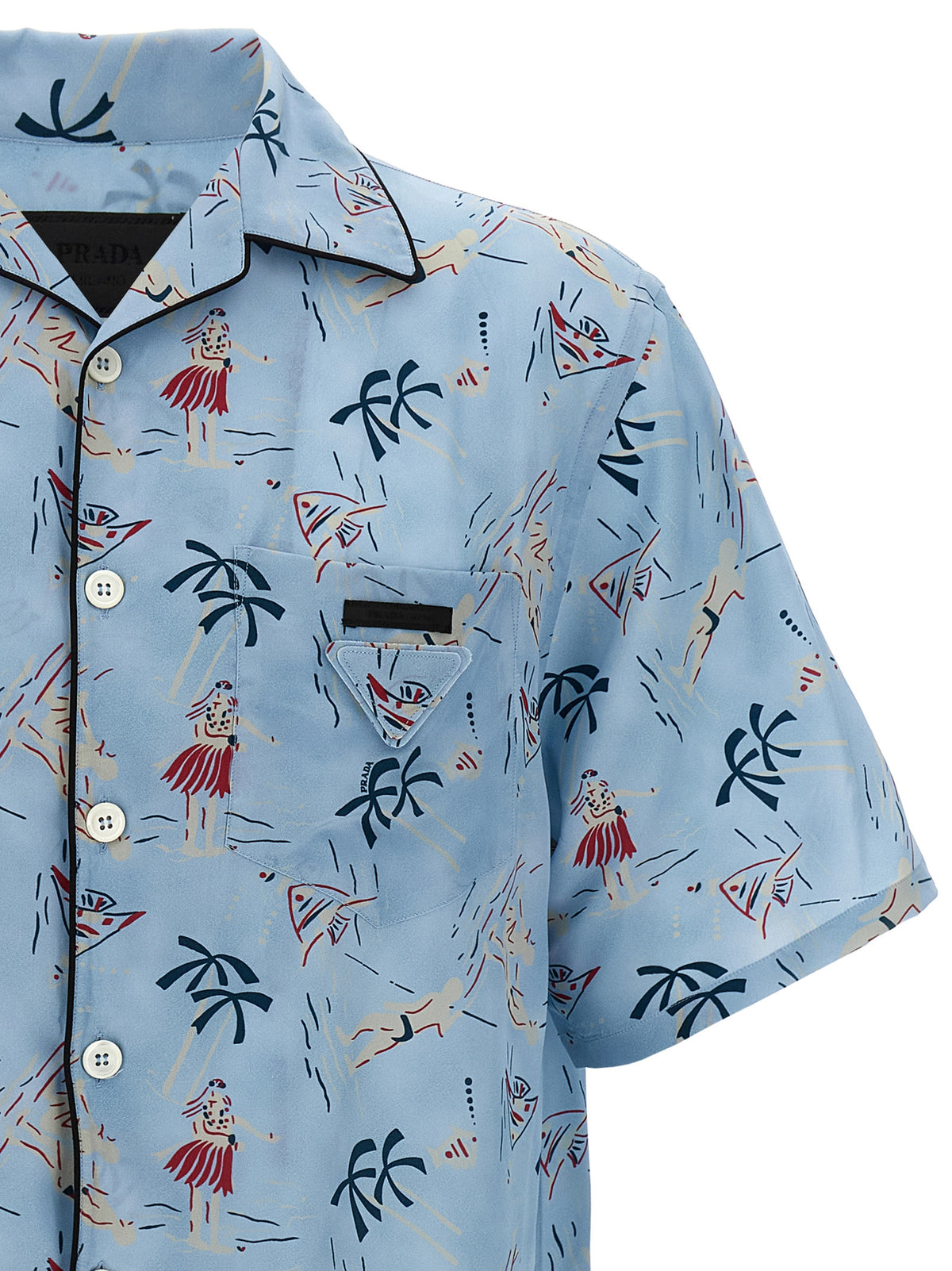 Prada Hawaii Print Silk Bowling Shirt in Light Blue | Made in Italy