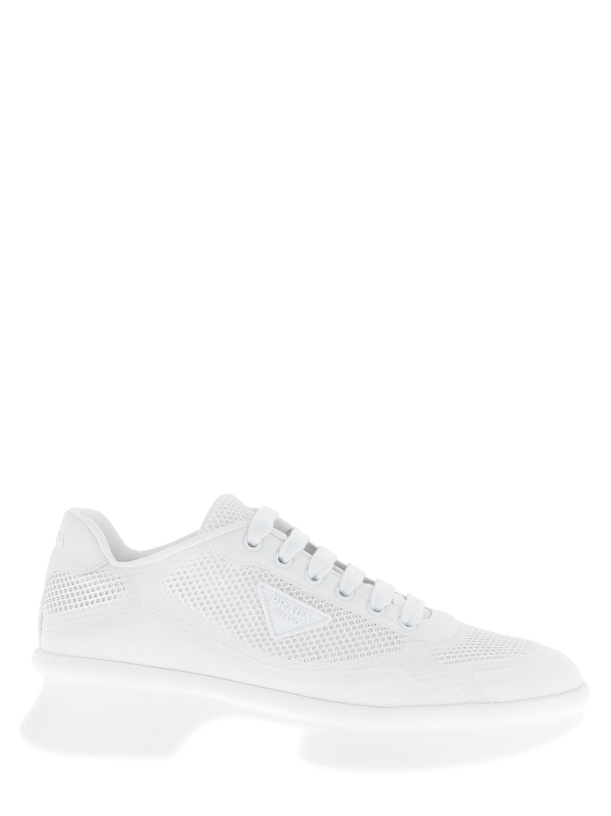 Prada Openwork Mesh Sneakers with Silicone Triangle Logo in White | Made in Italy