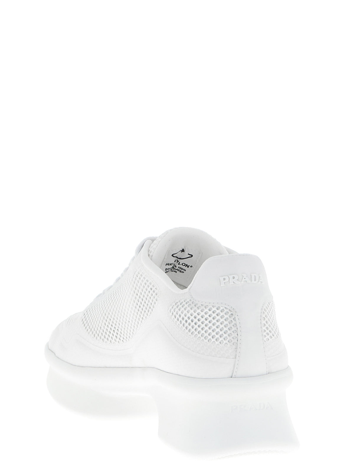Prada Openwork Mesh Sneakers with Silicone Triangle Logo in White | Made in Italy