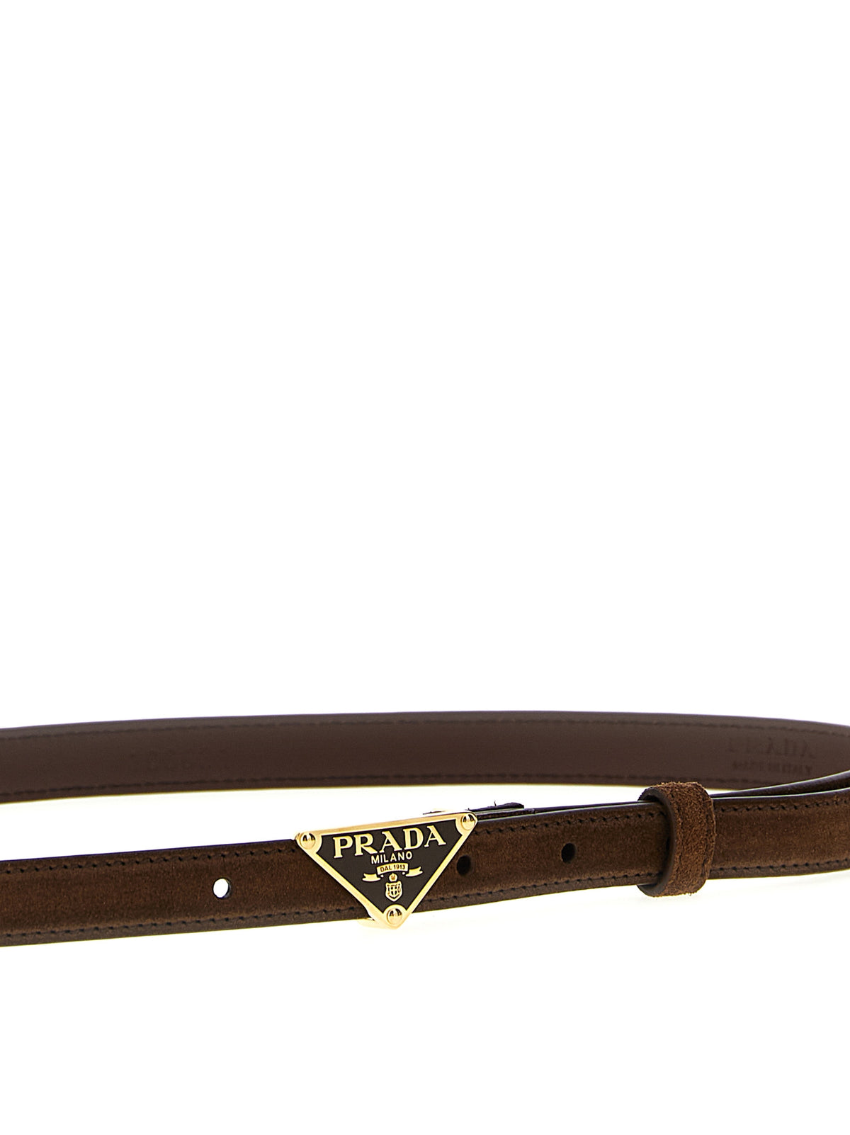 Prada Suede Calfskin Belt with Enamel Triangle Logo Buckle in Brown | Made in Italy
