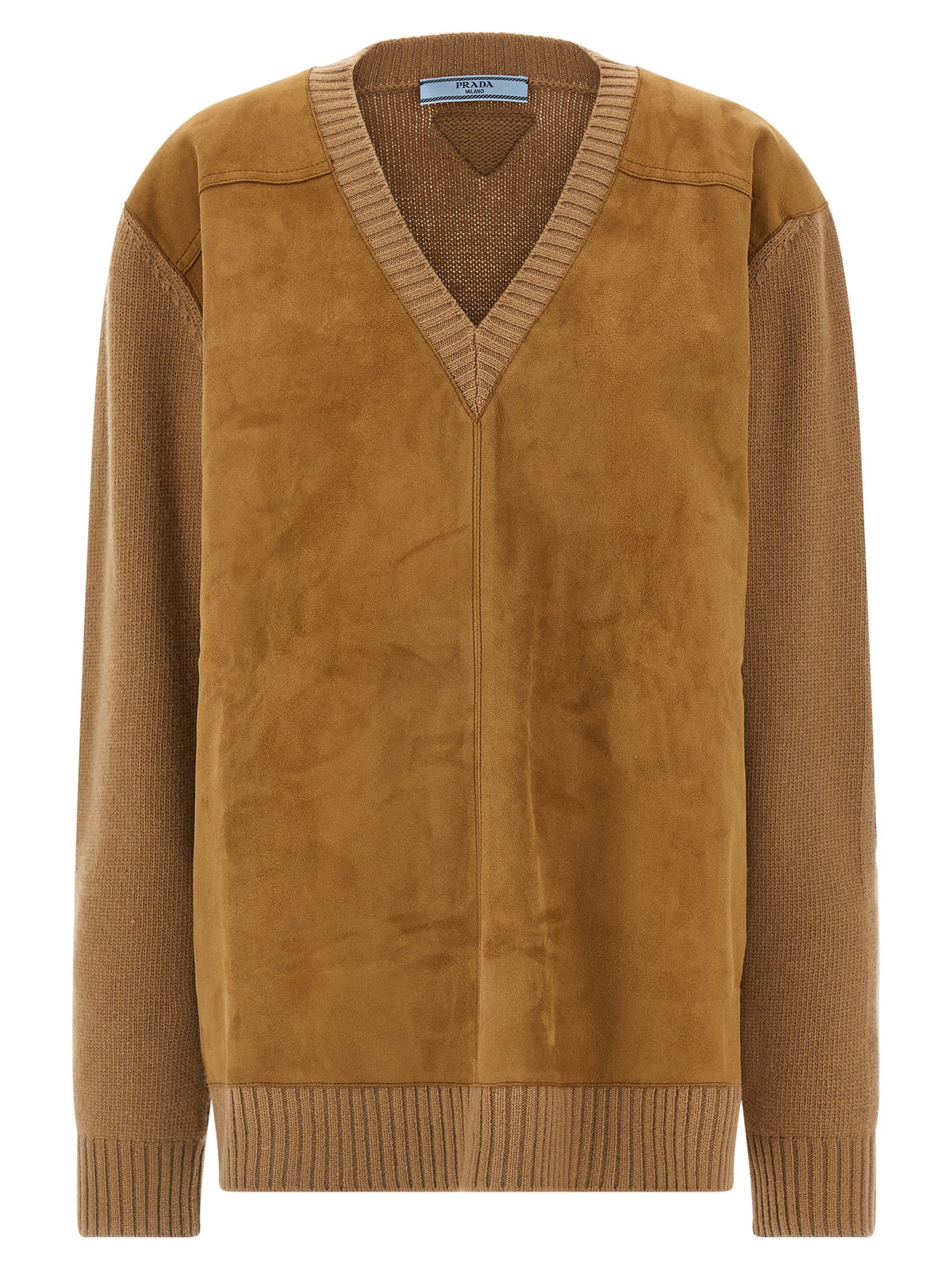 Prada Virgin Wool & Cashmere V-Neck Cardigan with Suede Detail in Brown | Made in Italy
