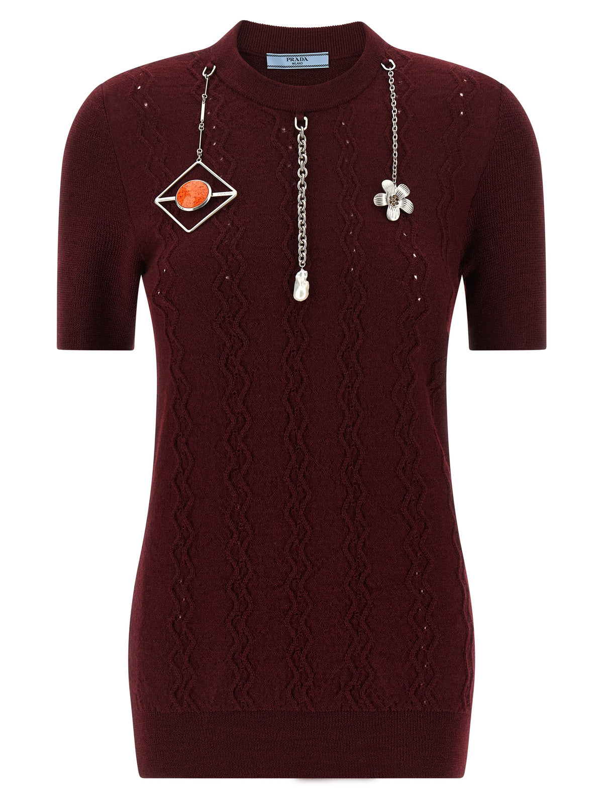 Prada Virgin Wool Distressed Pattern Crew Neck Sweater with Metal Charms in Bordeaux | Made in Italy