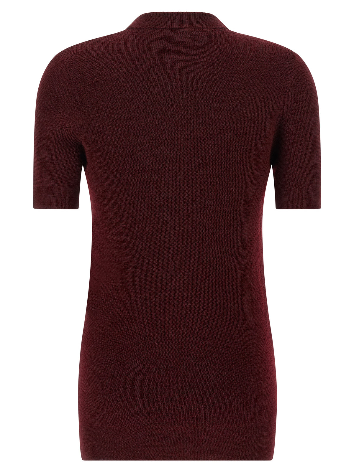Prada Virgin Wool Distressed Pattern Crew Neck Sweater with Metal Charms in Bordeaux | Made in Italy