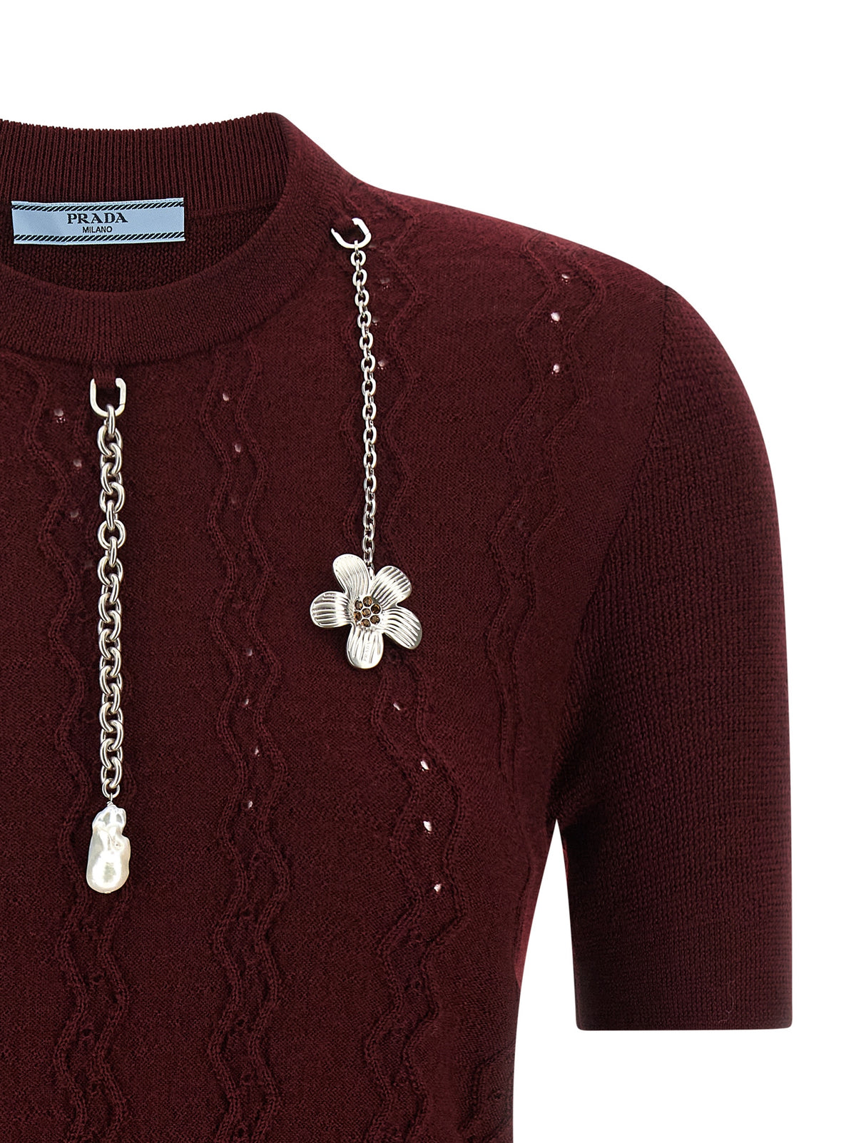Prada Virgin Wool Distressed Pattern Crew Neck Sweater with Metal Charms in Bordeaux | Made in Italy