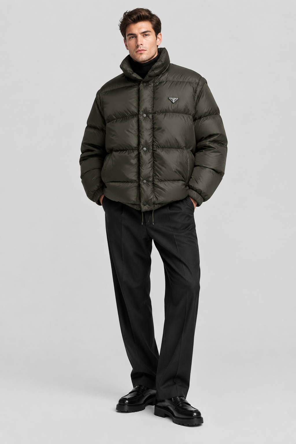 Prada Re-Nylon Quilted Goose Down Full-Length Jacket with Triangle Logo in Gray | Made in Italy
