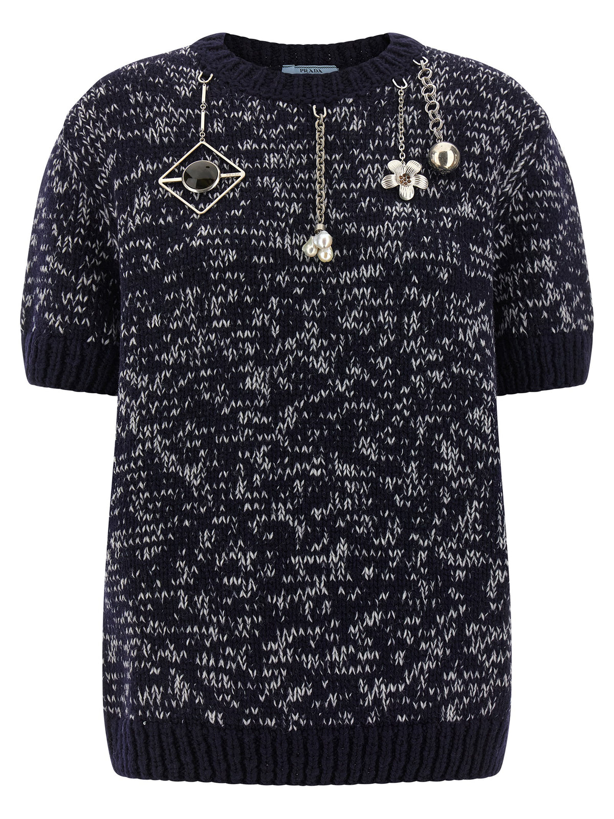 Prada Dense-Weave Virgin Wool Crew Neck Sweater with Metal Pendants in Multicolor | Made in Italy