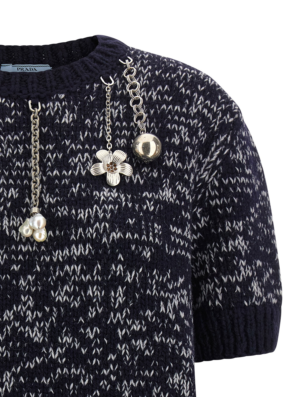 Prada Dense-Weave Virgin Wool Crew Neck Sweater with Metal Pendants in Multicolor | Made in Italy