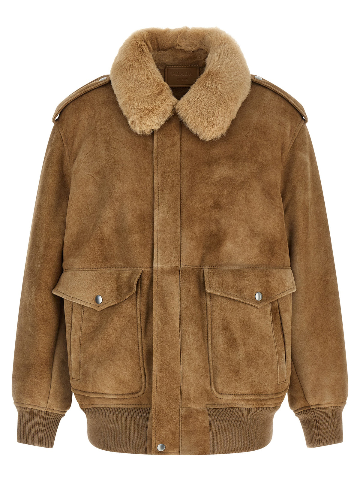 Prada Shearling-Lined Lamb Leather Bomber Jacket in Beige | Made in Italy