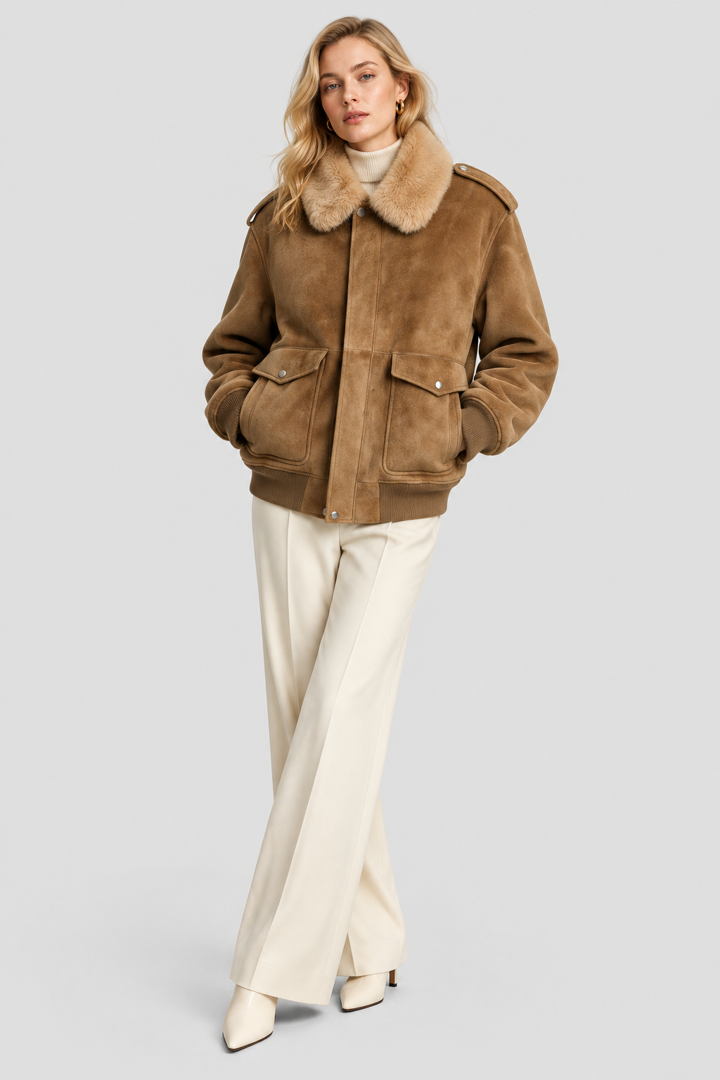 Prada Shearling-Lined Lamb Leather Bomber Jacket in Beige | Made in Italy