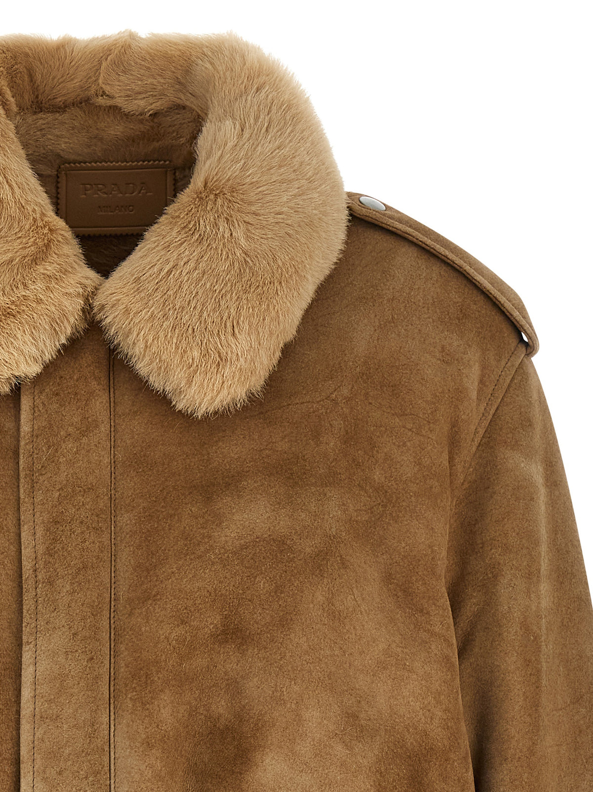 Prada Shearling-Lined Lamb Leather Bomber Jacket in Beige | Made in Italy