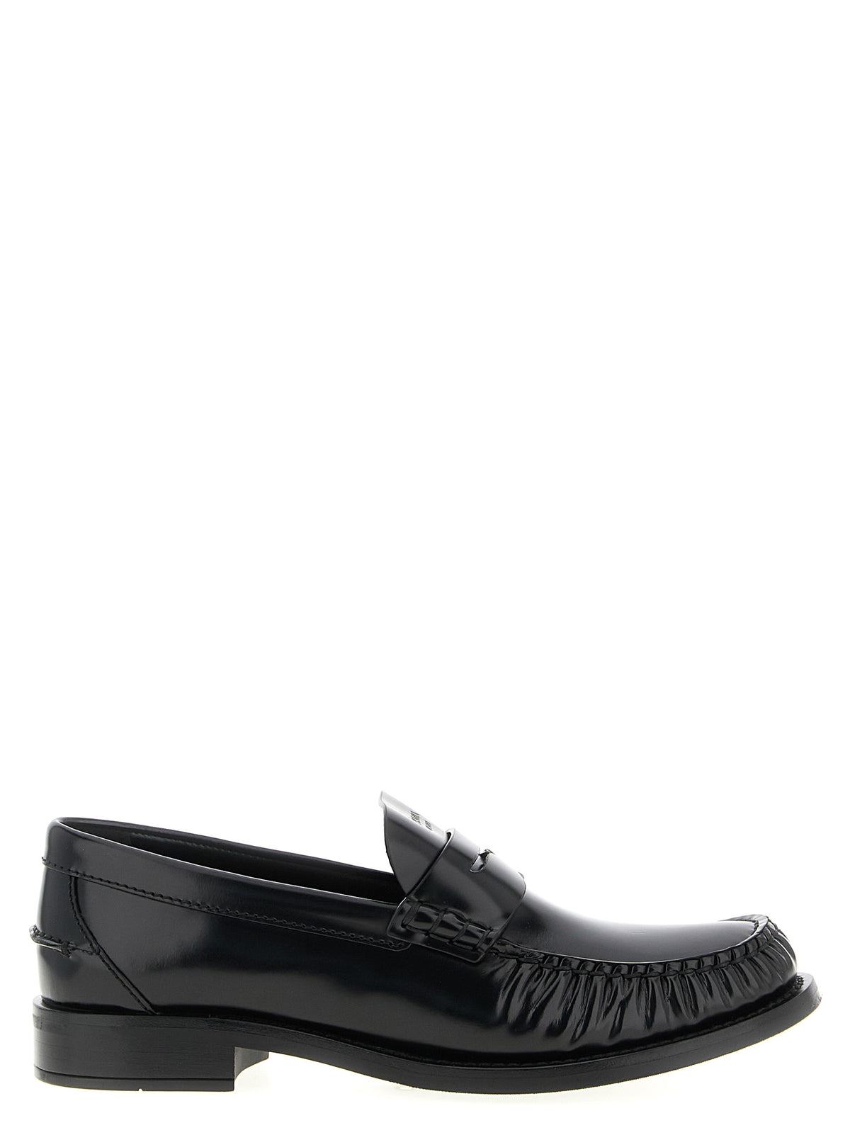 Prada Brushed Calfskin Slip-On Loafers with Monobloc Logo Sole in Black | Made in Italy