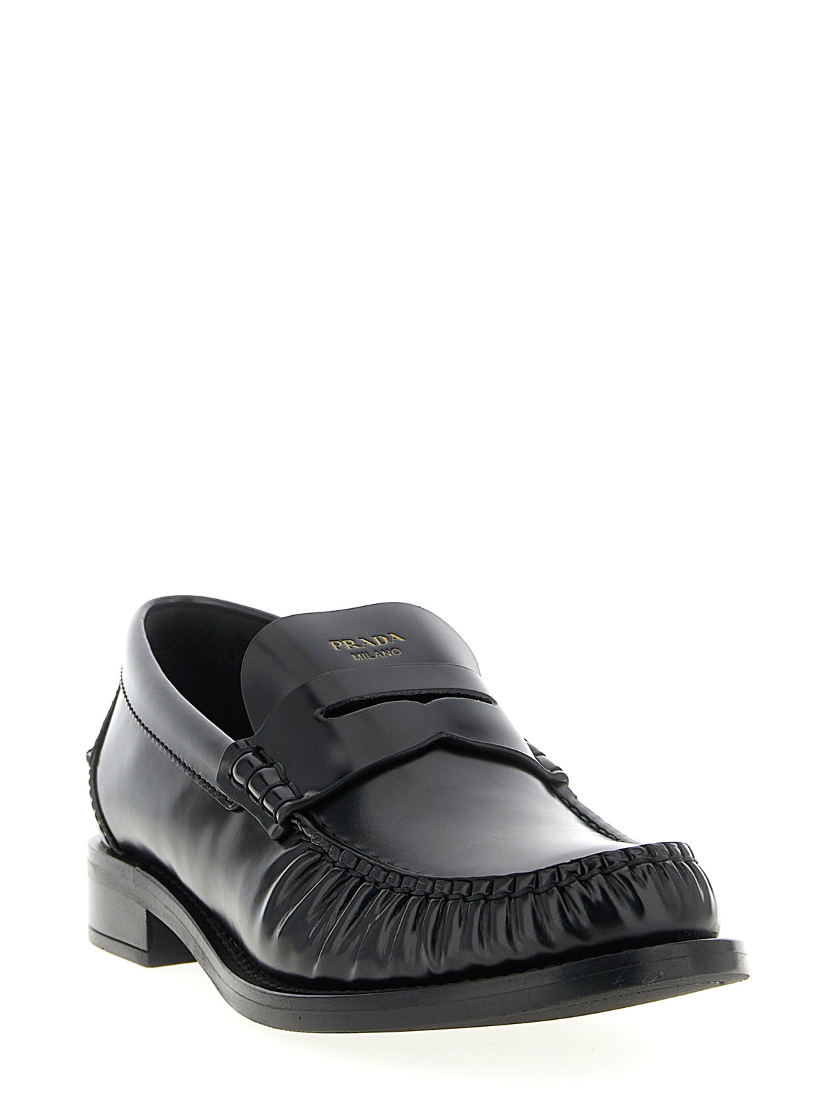 Prada Brushed Calfskin Slip-On Loafers with Monobloc Logo Sole in Black | Made in Italy