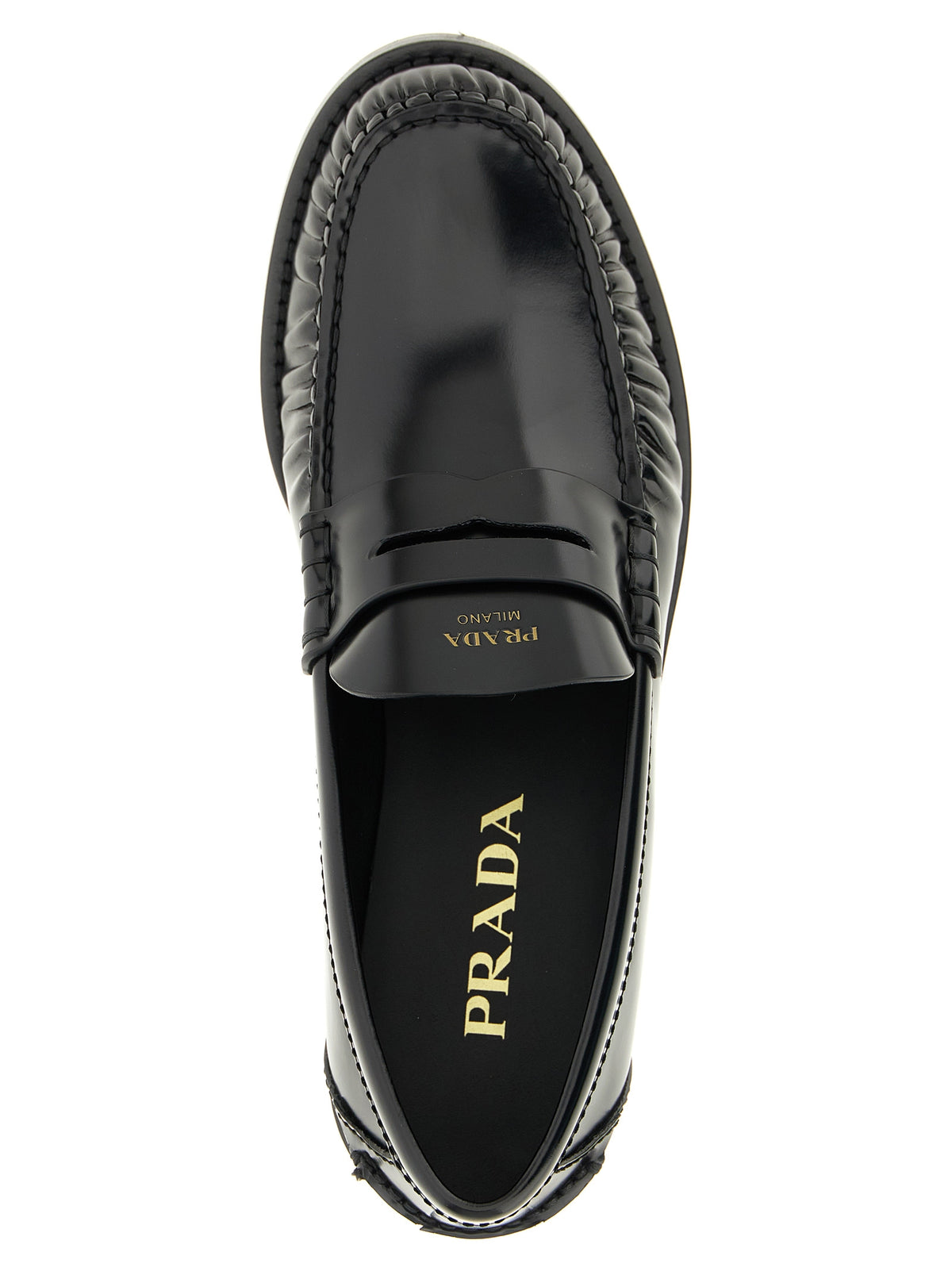 Prada Brushed Calfskin Slip-On Loafers with Monobloc Logo Sole in Black | Made in Italy