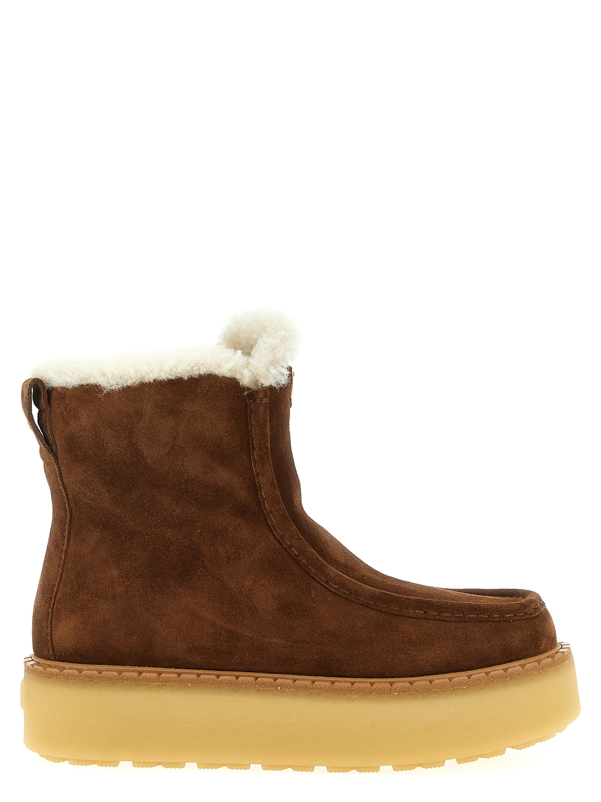 Prada Suede Calfskin Shearling-Lined Ankle Boots with Triangle Logo in Brown | Made in Italy