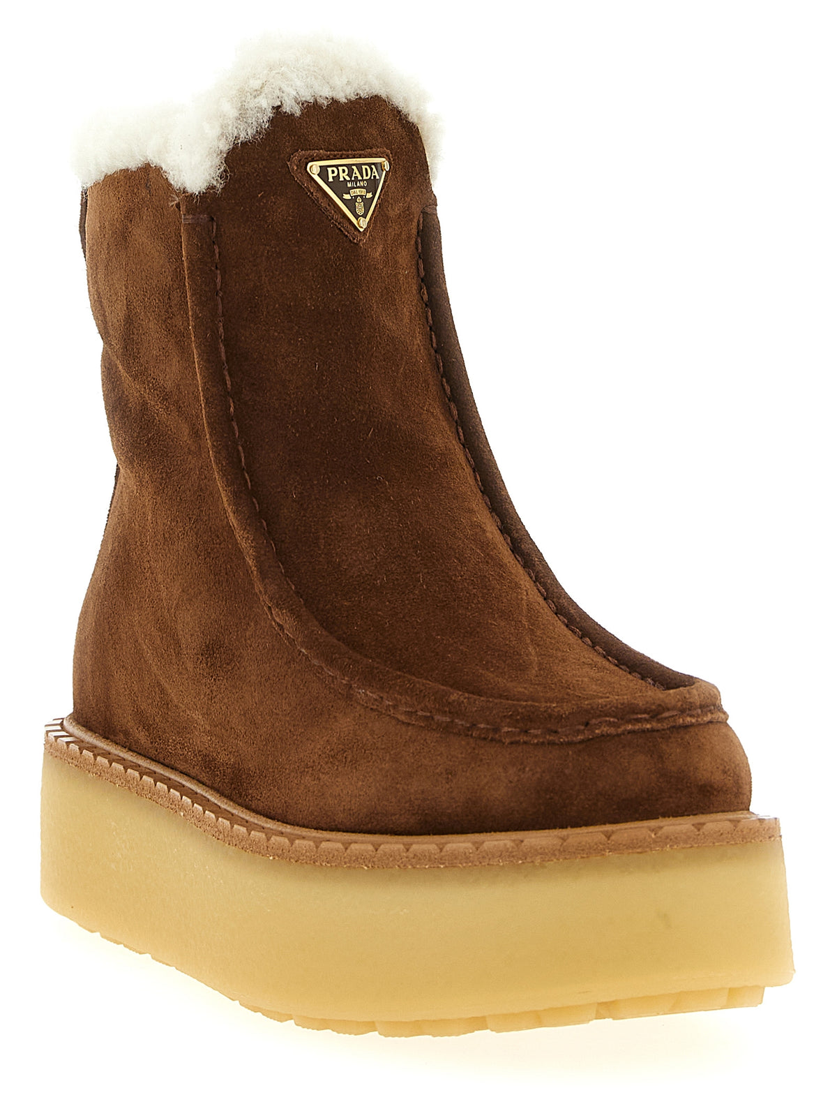 Prada Suede Calfskin Shearling-Lined Ankle Boots with Triangle Logo in Brown | Made in Italy