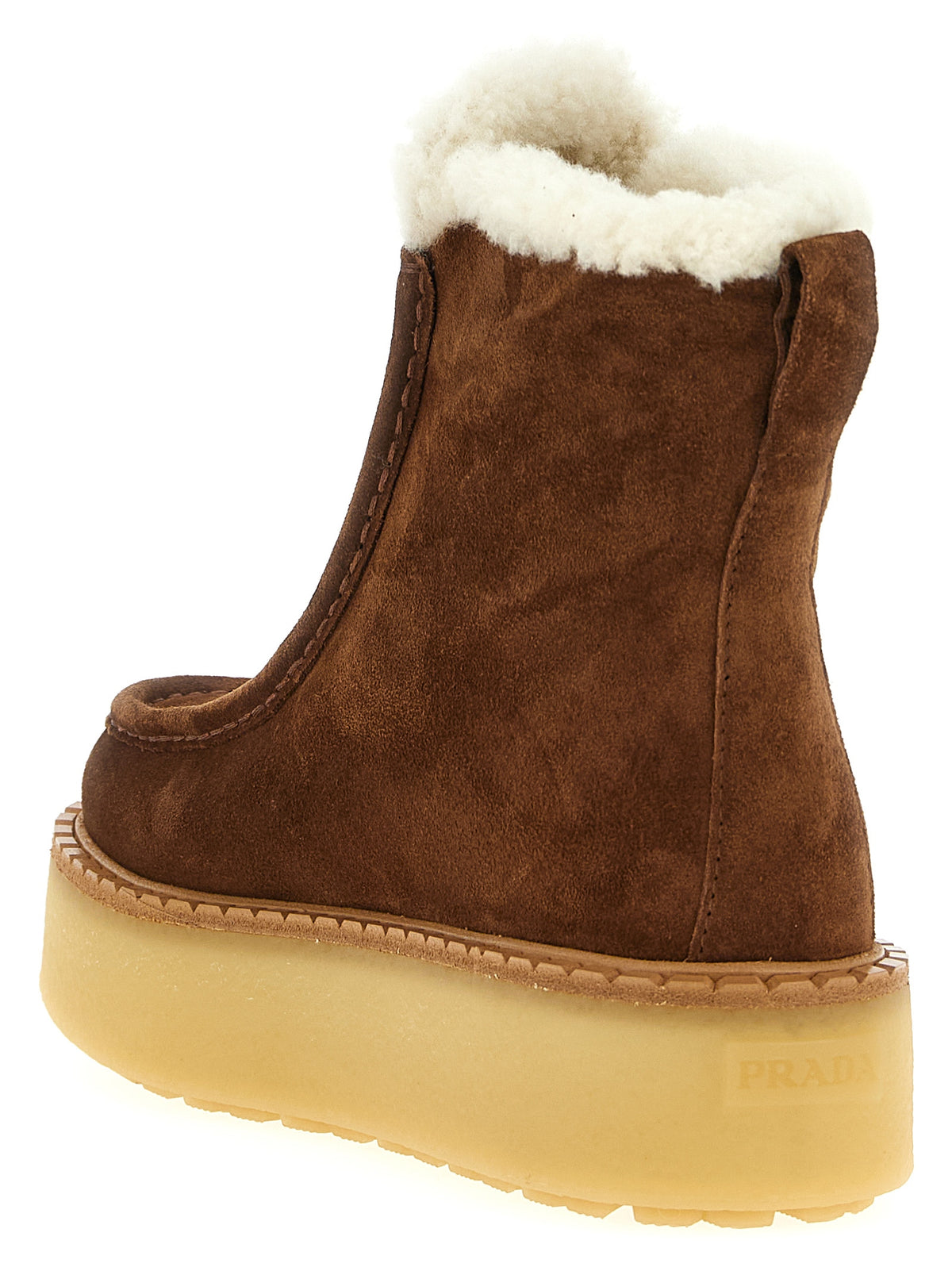 Prada Suede Calfskin Shearling-Lined Ankle Boots with Triangle Logo in Brown | Made in Italy