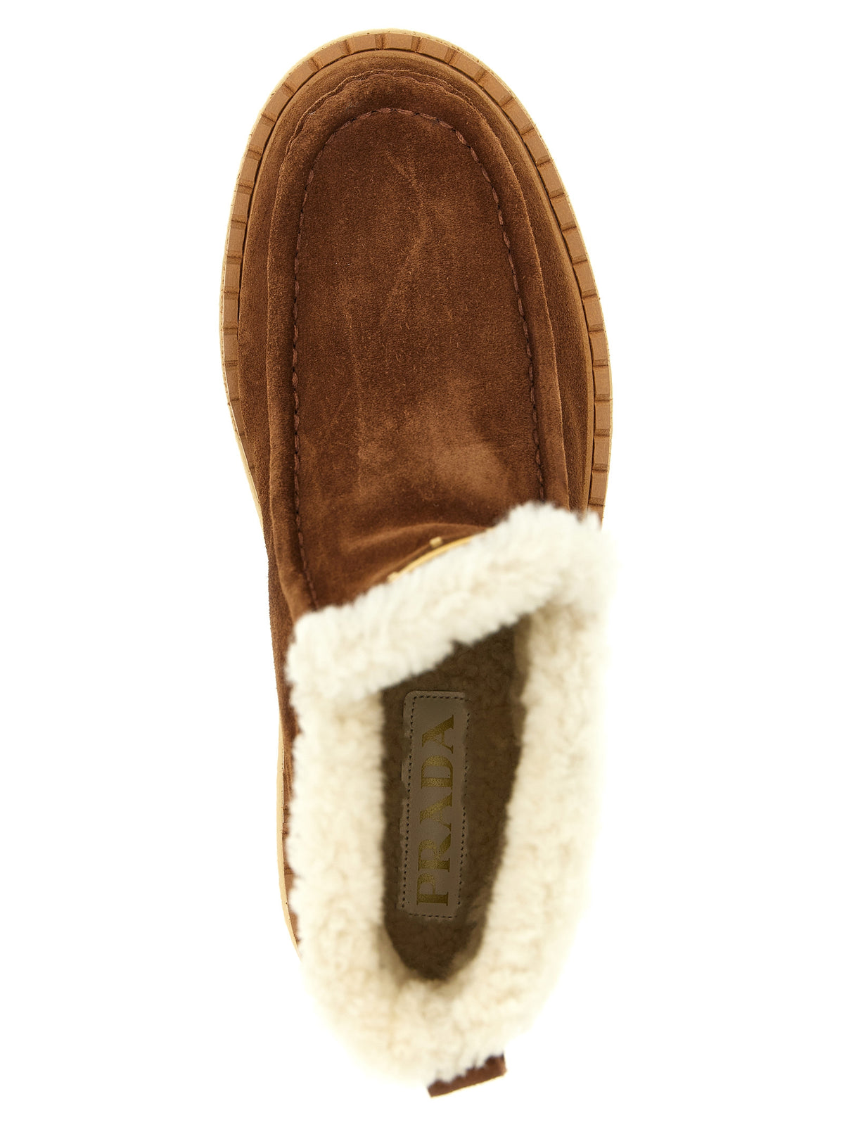 Prada Suede Calfskin Shearling-Lined Ankle Boots with Triangle Logo in Brown | Made in Italy