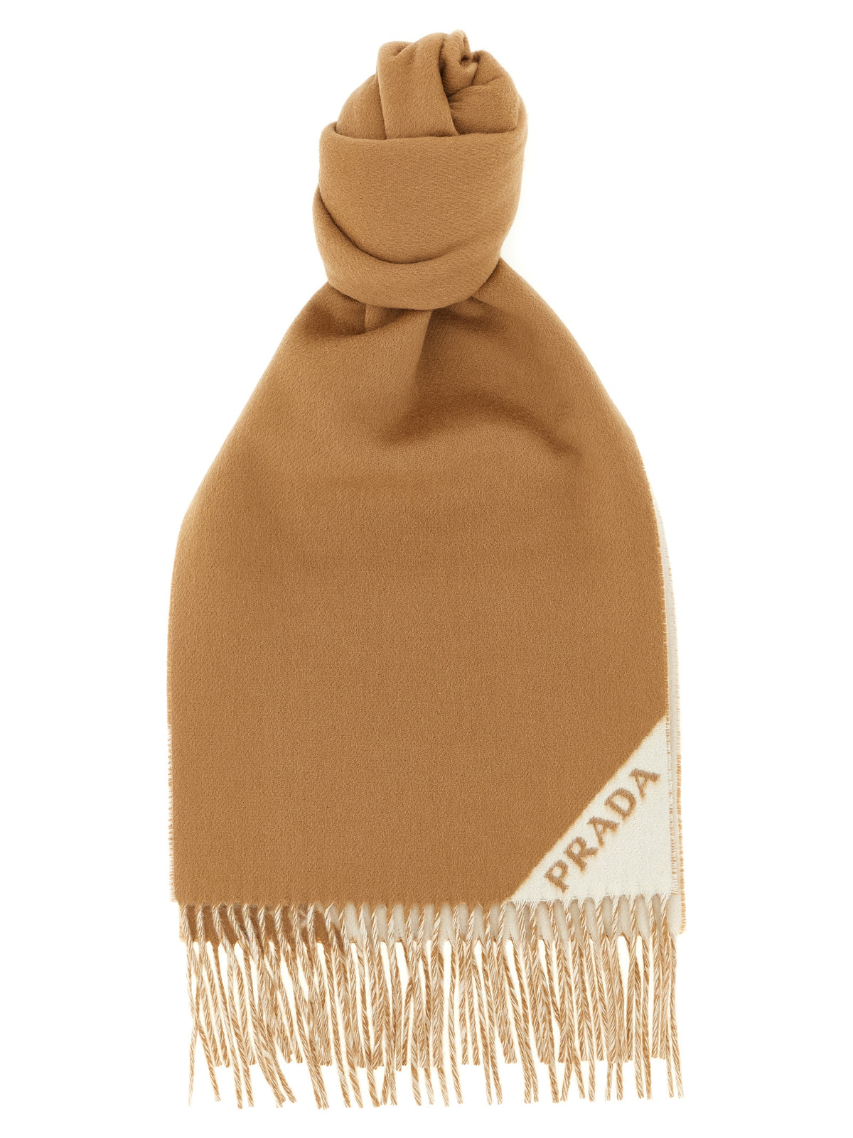 Prada Double-Sided Cashmere Jacquard Logo Fringed Scarf in Multicolor | Made in Italy