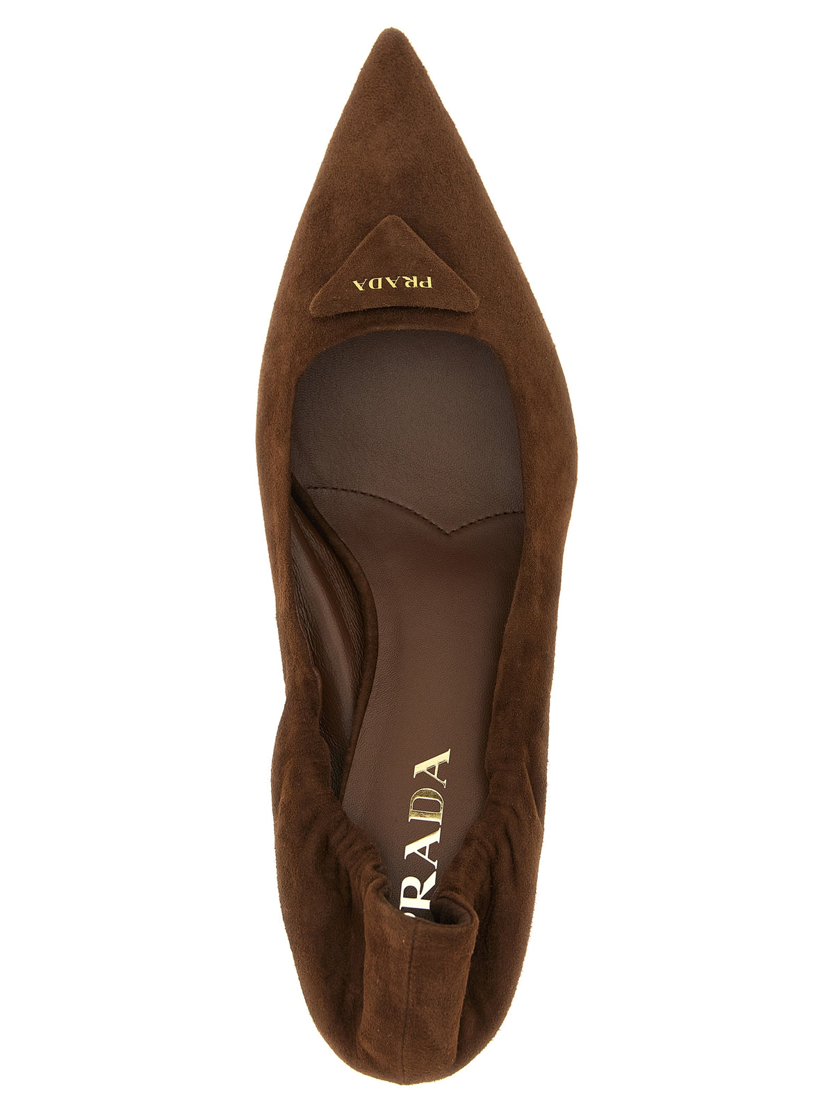 Prada Suede Lamb Leather Pointed Pumps with Triangle Architectural Heel in Brown | Made in Italy