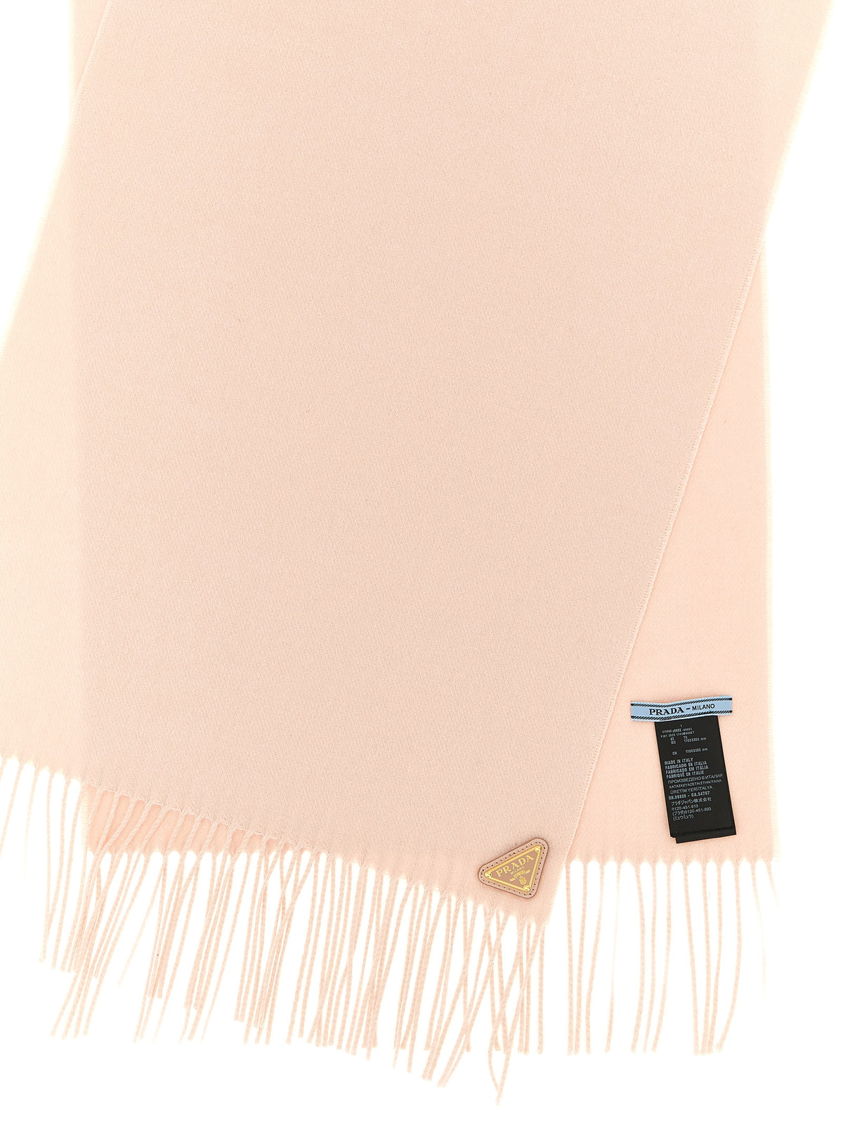 Prada Silk & Cashmere Fringed Scarf with Enamel Triangle Logo in Pink | Made in Italy
