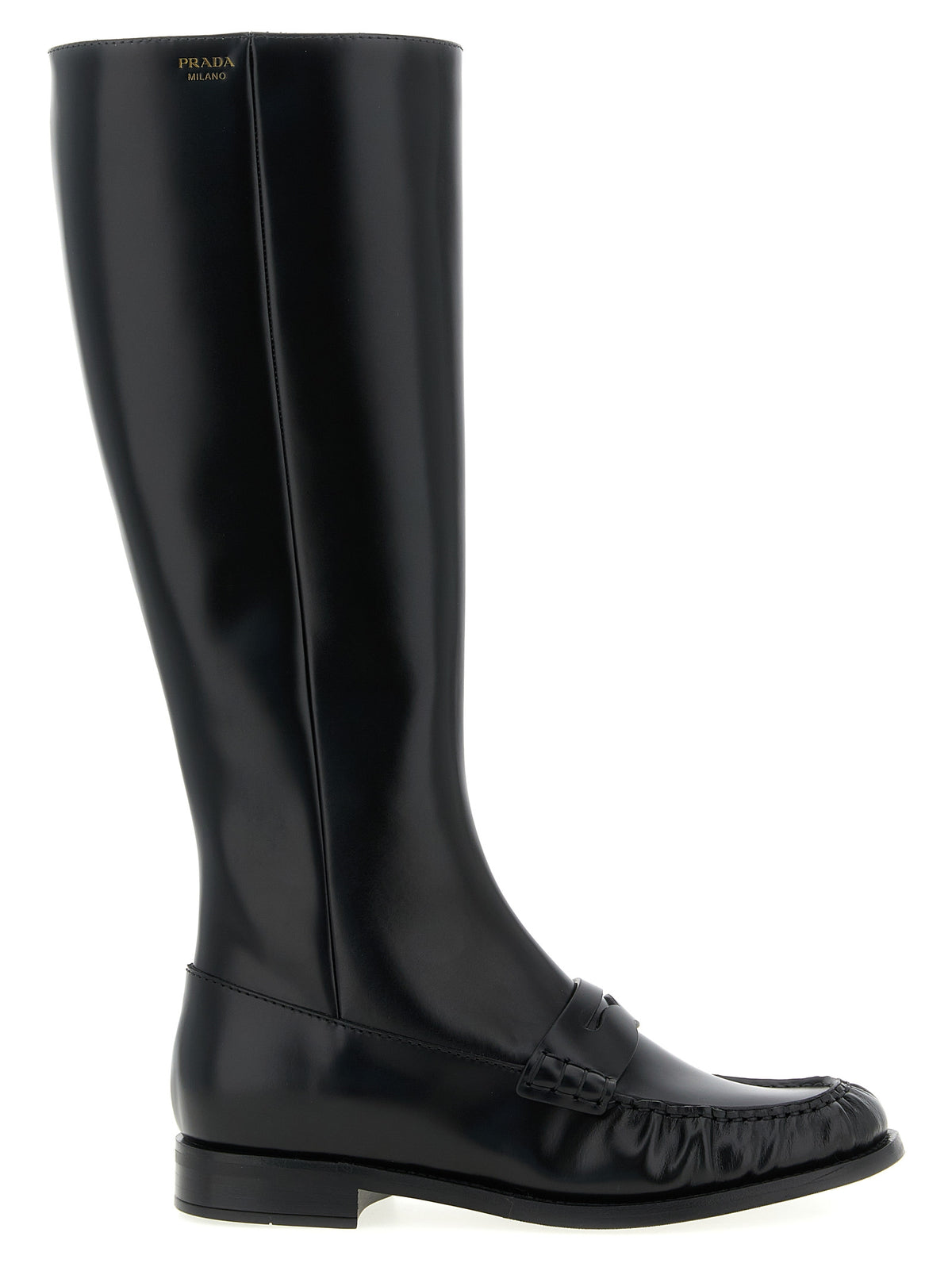 Prada Brushed Calfskin Over-the-Knee Moccasin Boots with Gold Logo in Black | Made in Italy