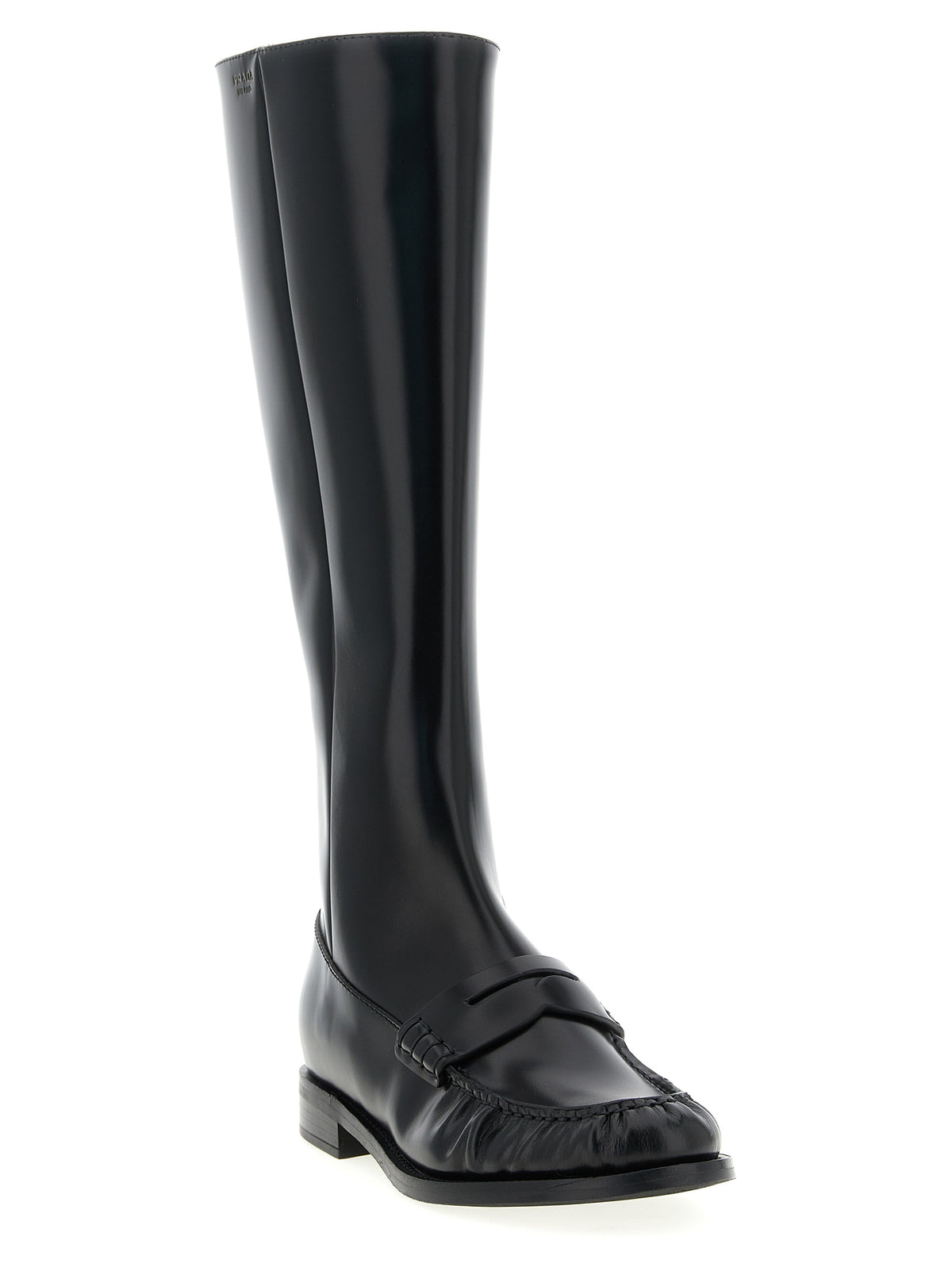 Prada Brushed Calfskin Over-the-Knee Moccasin Boots with Gold Logo in Black | Made in Italy
