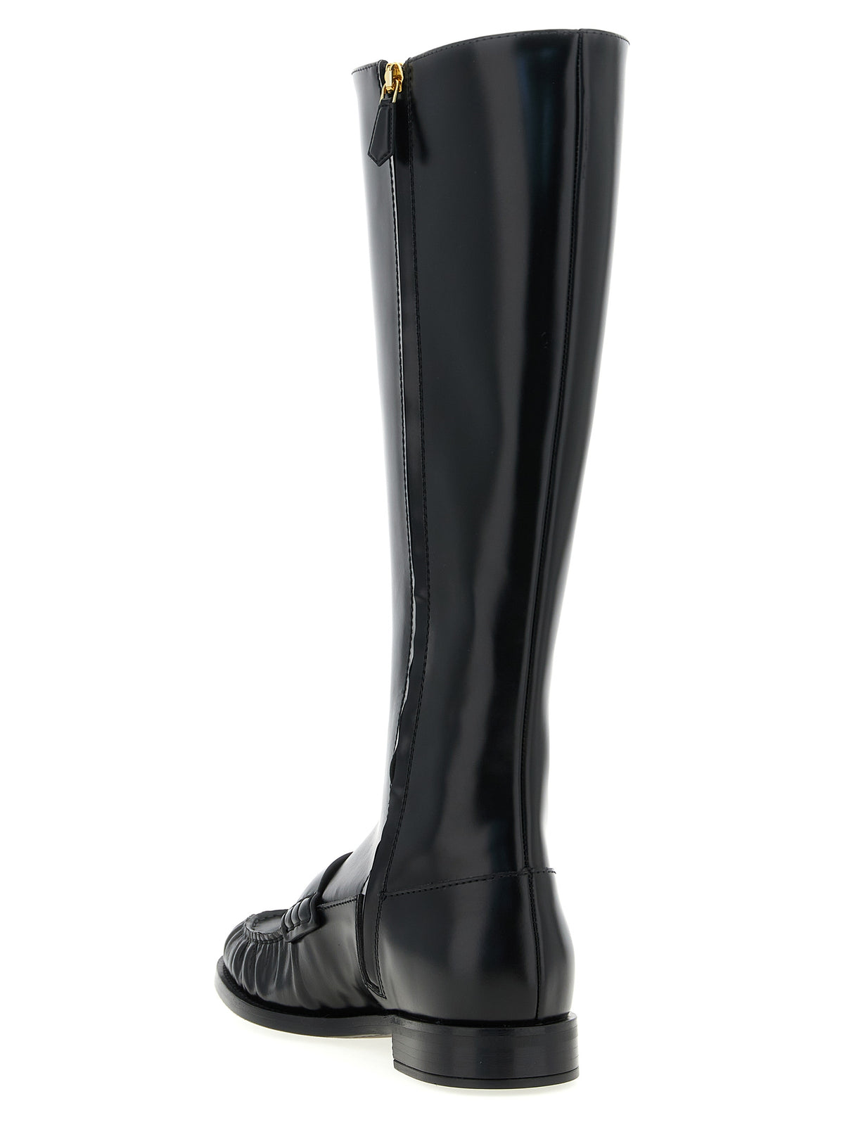 Prada Brushed Calfskin Over-the-Knee Moccasin Boots with Gold Logo in Black | Made in Italy