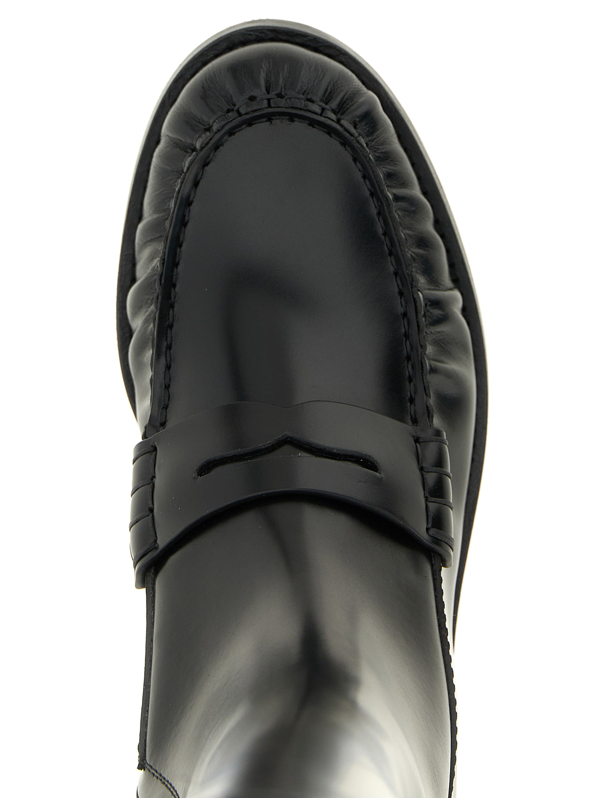 Prada Brushed Calfskin Over-the-Knee Moccasin Boots with Gold Logo in Black | Made in Italy