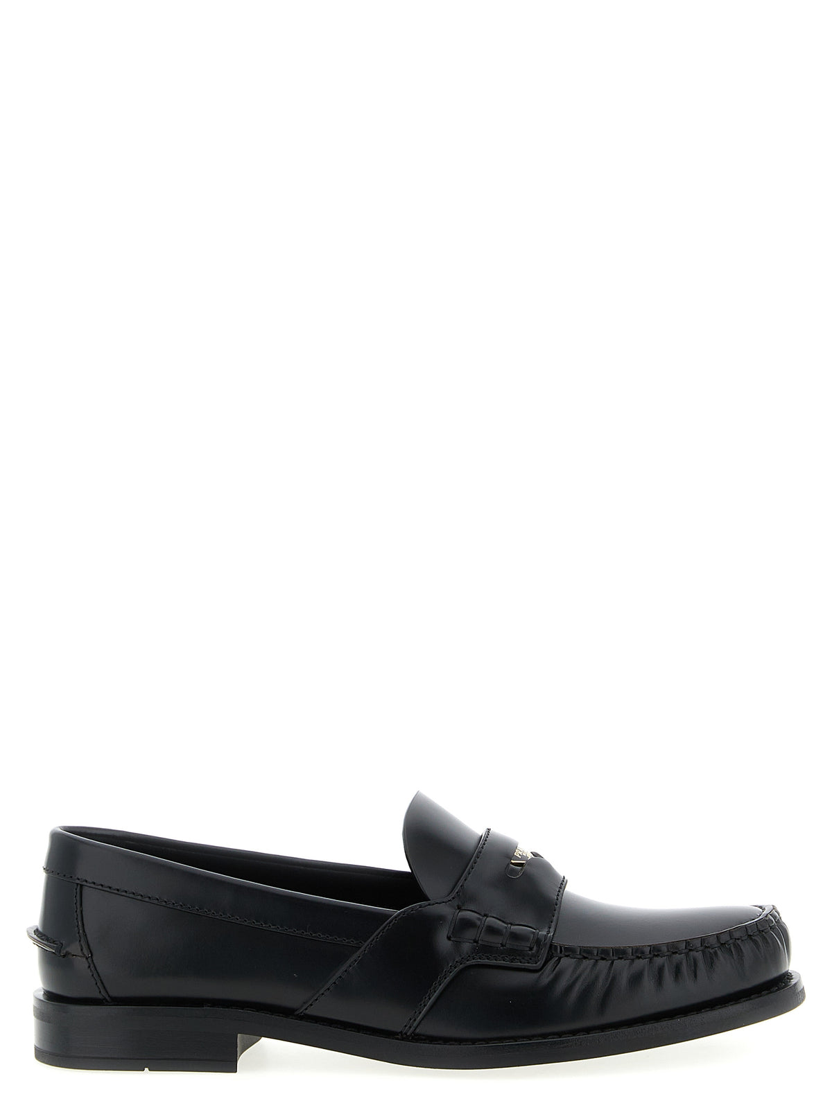 Prada Brushed Calfskin Slip-On Loafers with Metal Logo in Black | Made in Italy
