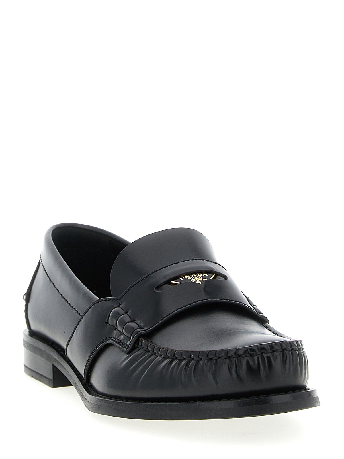 Prada Brushed Calfskin Slip-On Loafers with Metal Logo in Black | Made in Italy