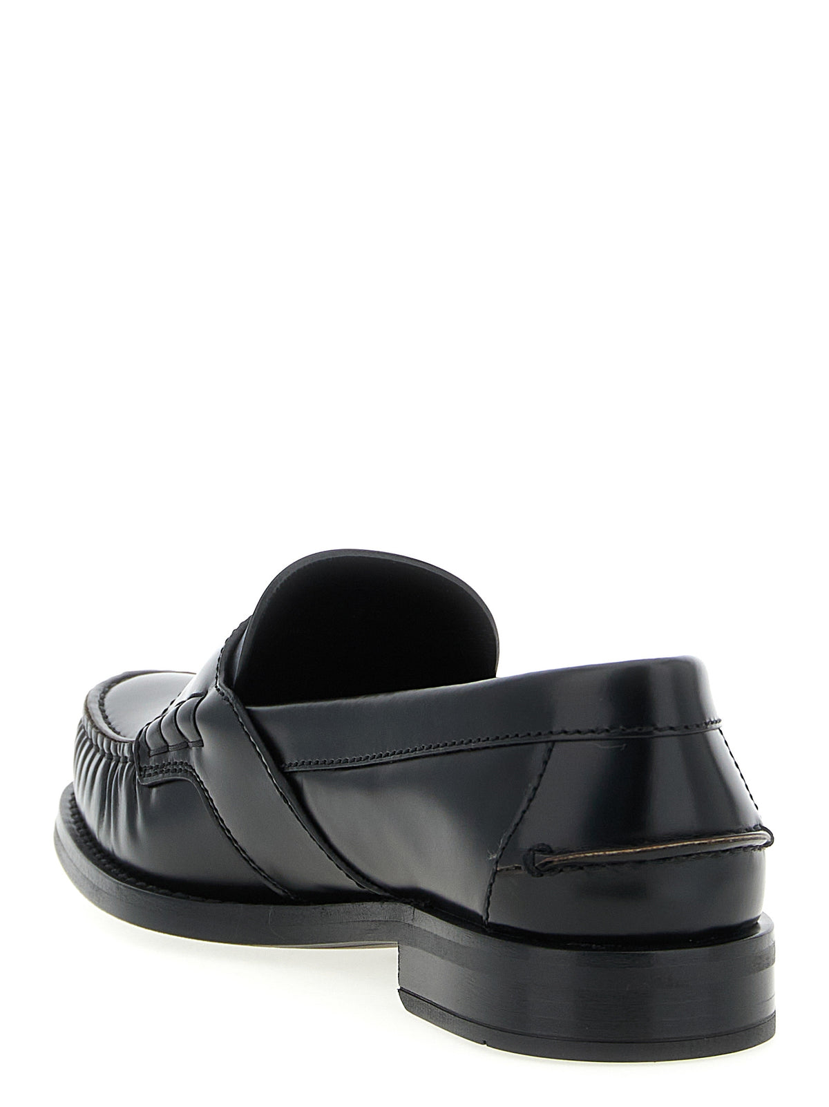 Prada Brushed Calfskin Slip-On Loafers with Metal Logo in Black | Made in Italy