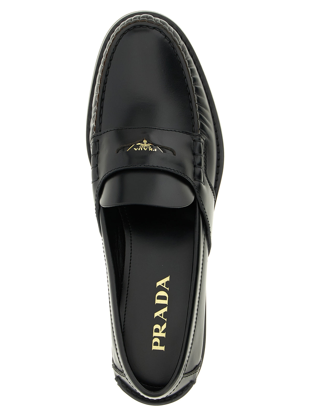 Prada Brushed Calfskin Slip-On Loafers with Metal Logo in Black | Made in Italy