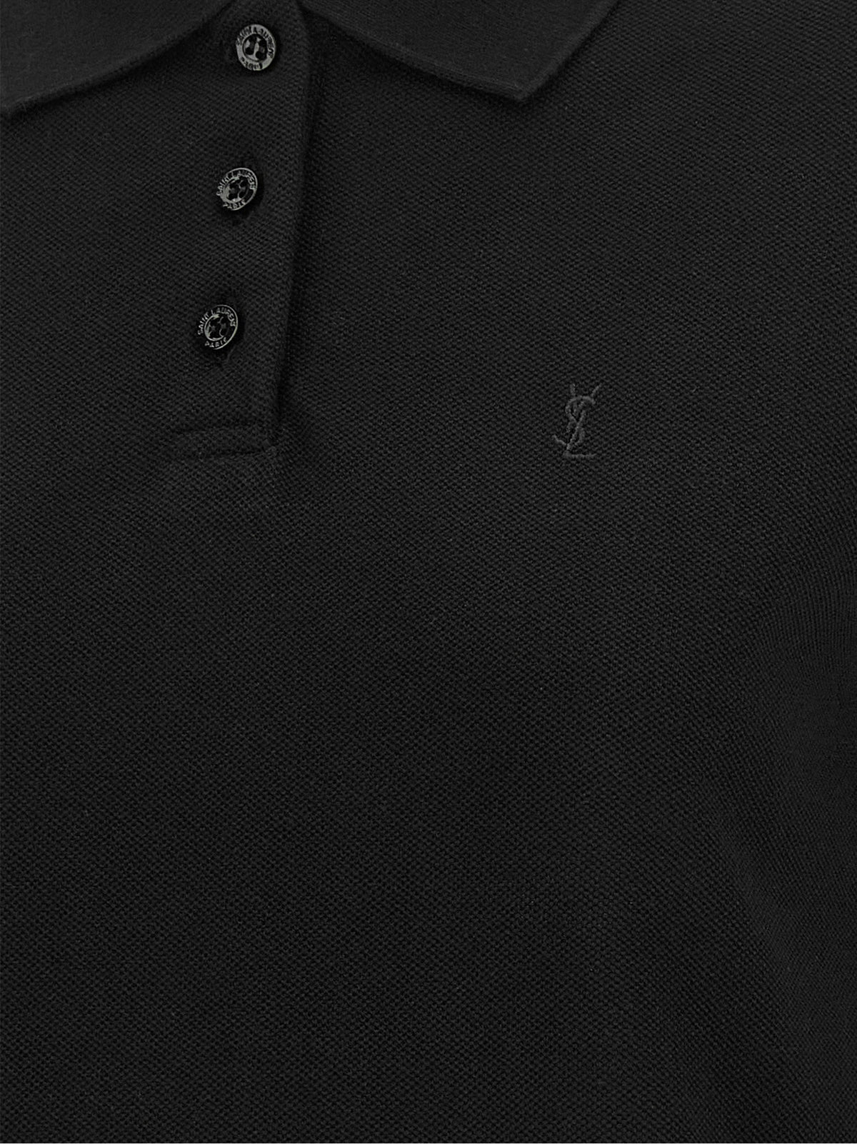 Saint Laurent Cotton Piqué Cropped Polo with Cassandre Logo in Black | Made in France