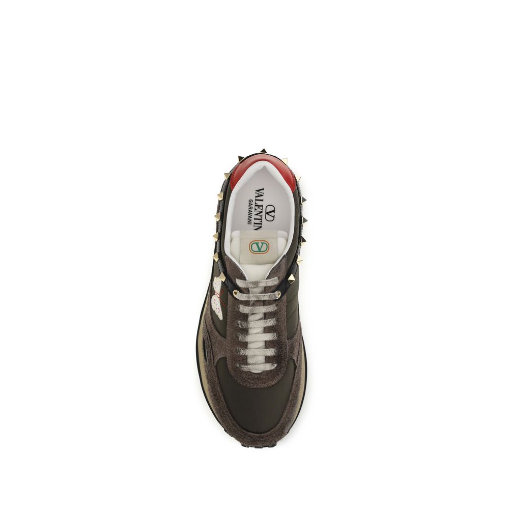 Valentino Garavani Stud Up Suede & Nylon Sneakers in Brown | Made in Italy