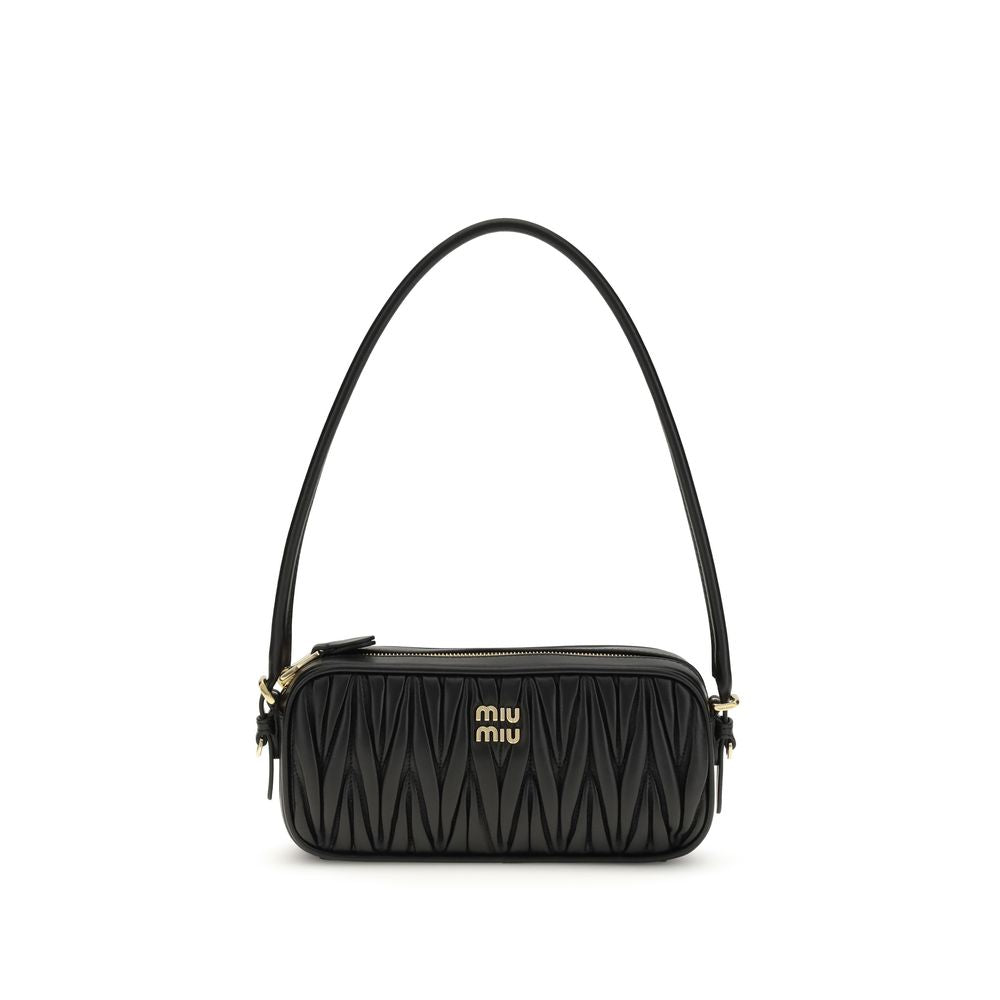 Miu Miu Matelassé Lamb Leather Shoulder Bag with Metal Letter Branding in Black | AW26