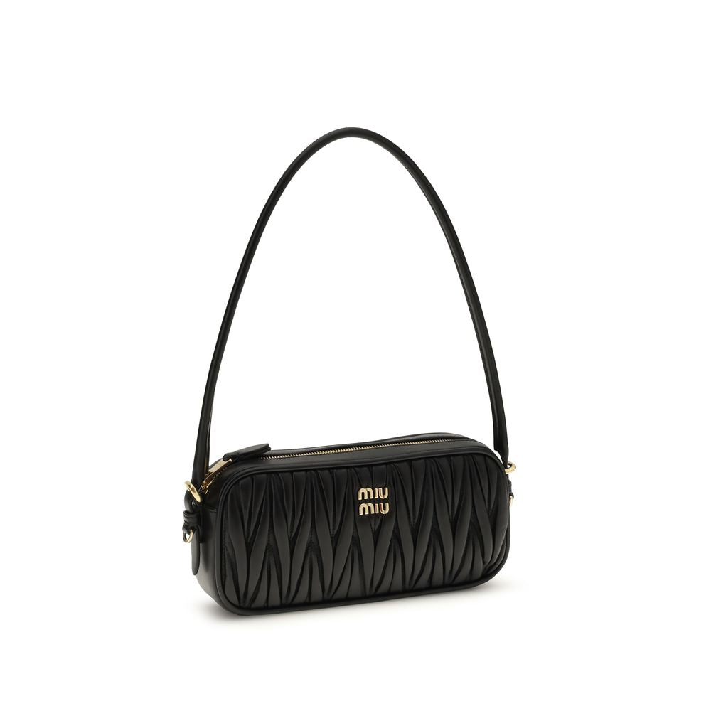 Miu Miu Matelassé Lamb Leather Shoulder Bag with Metal Letter Branding in Black | AW26