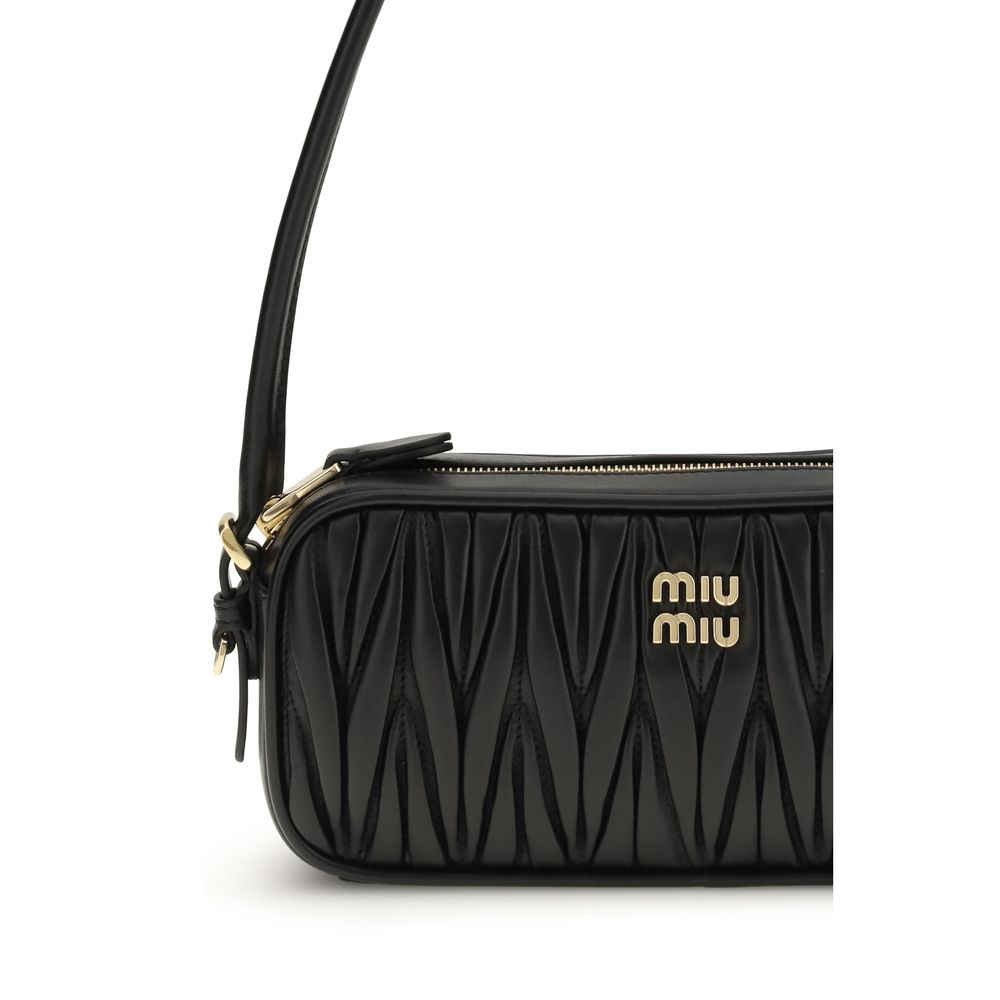 Miu Miu Matelassé Lamb Leather Shoulder Bag with Metal Letter Branding in Black | AW26