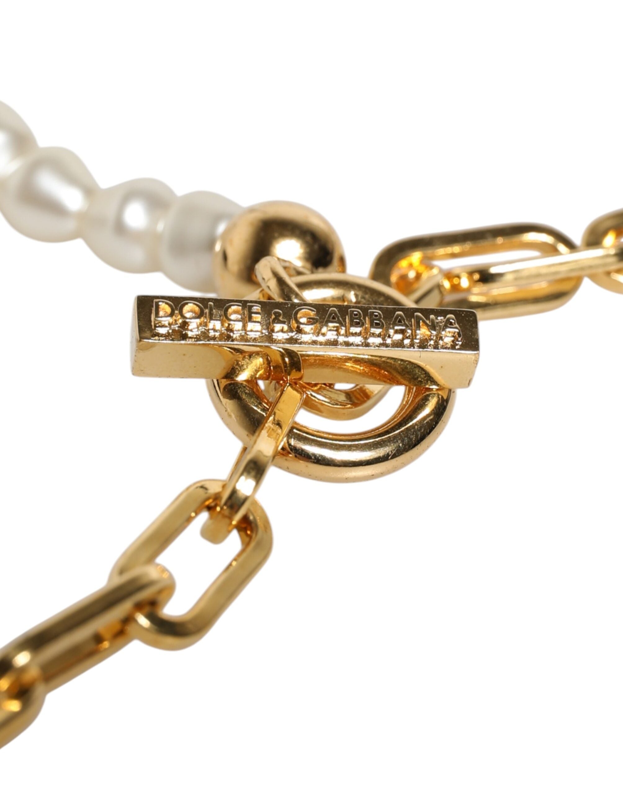 Gold Chain Brass Faux Pearl Charm Logo Pendant Necklace