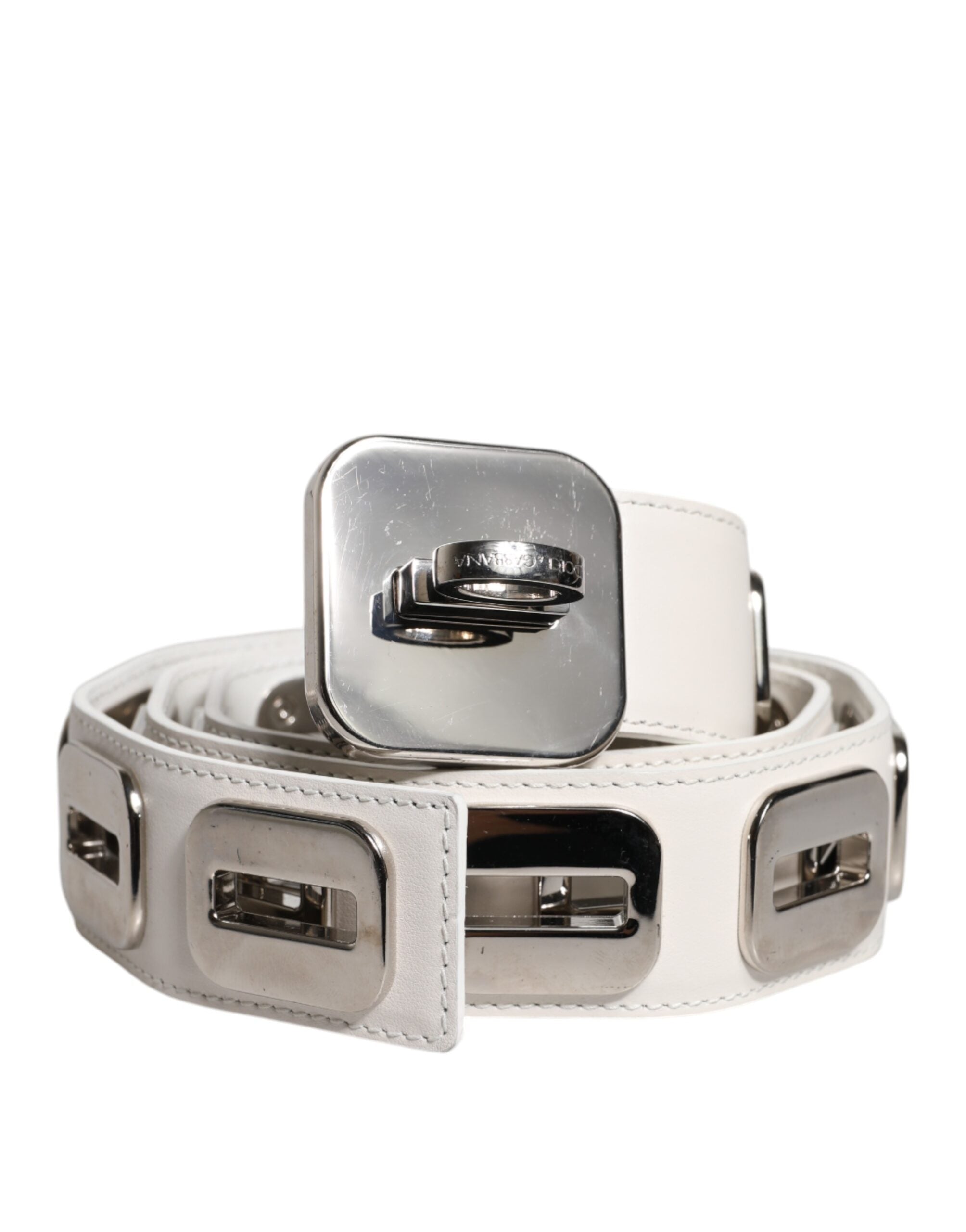 White Leather Gold Tone Rotating Buckle Belt