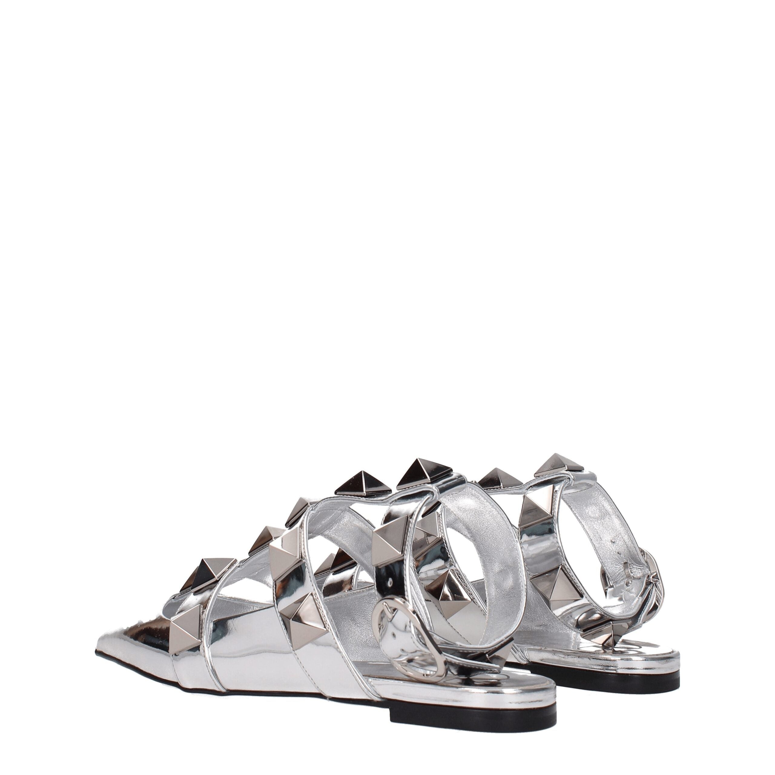 Valentino Garavani Roman Stud Flat Sandals in Silver Patent Leather