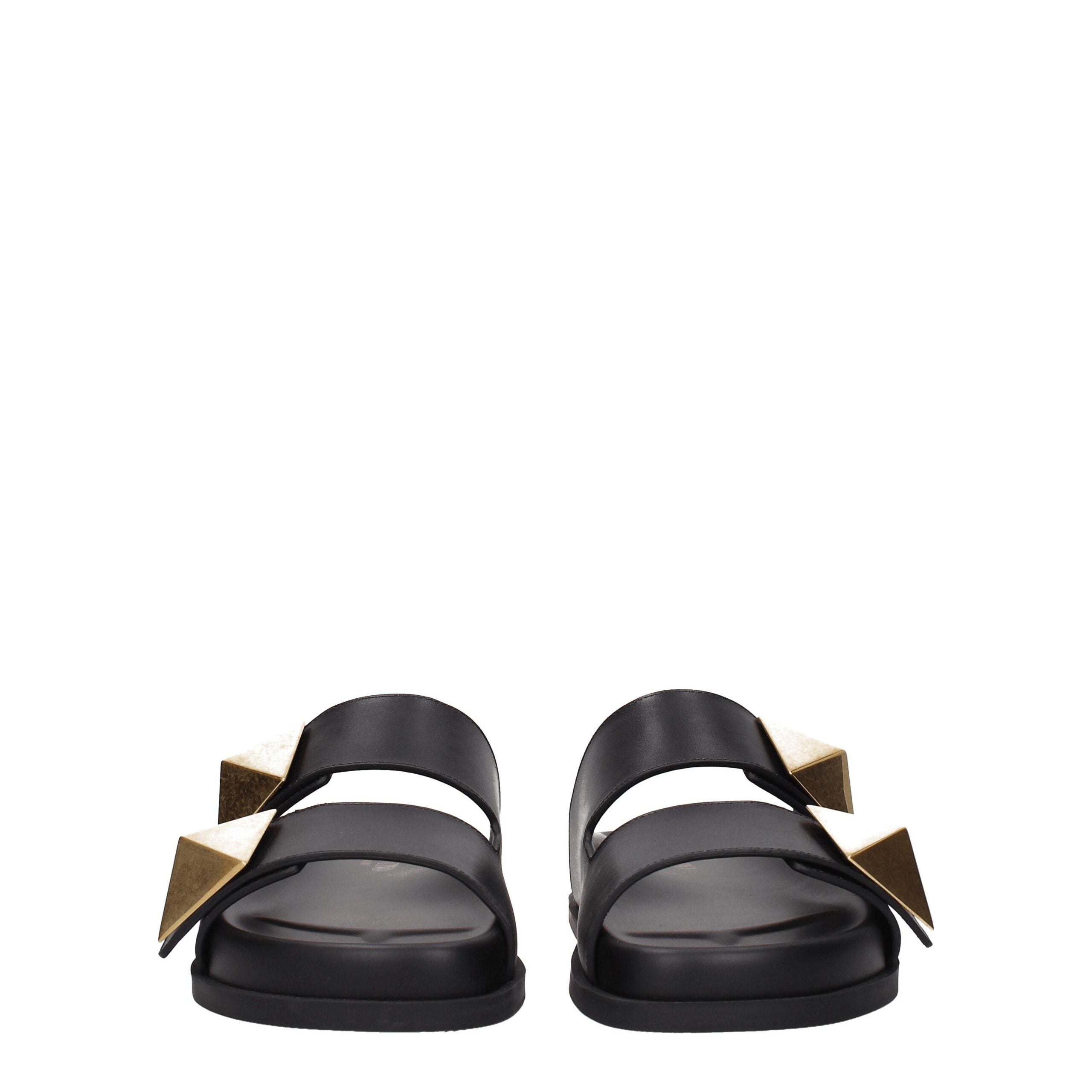 Valentino Garavani Roman Stud Double-Strap Slide Sandals in Black Leather