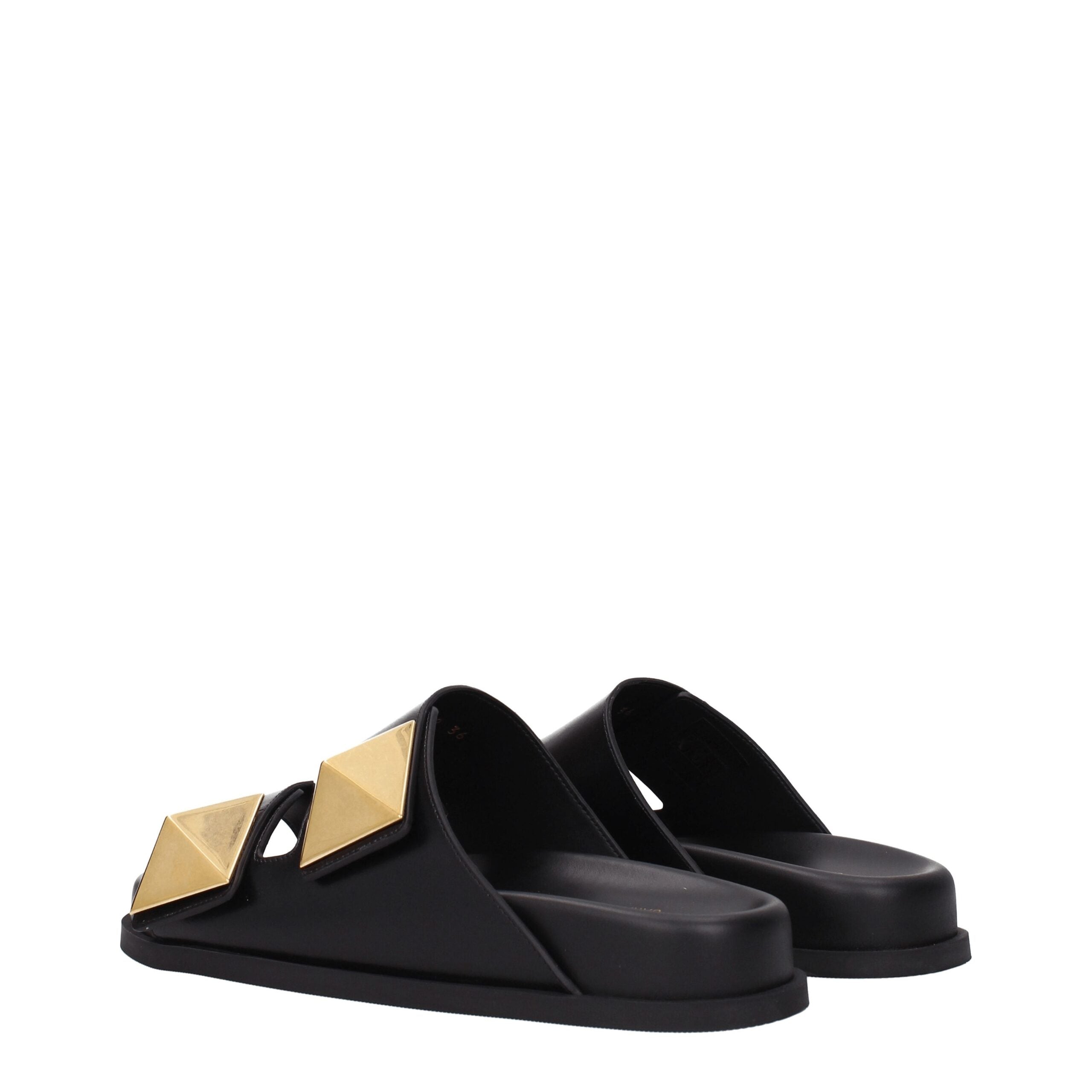 Valentino Garavani Roman Stud Double-Strap Slide Sandals in Black Leather