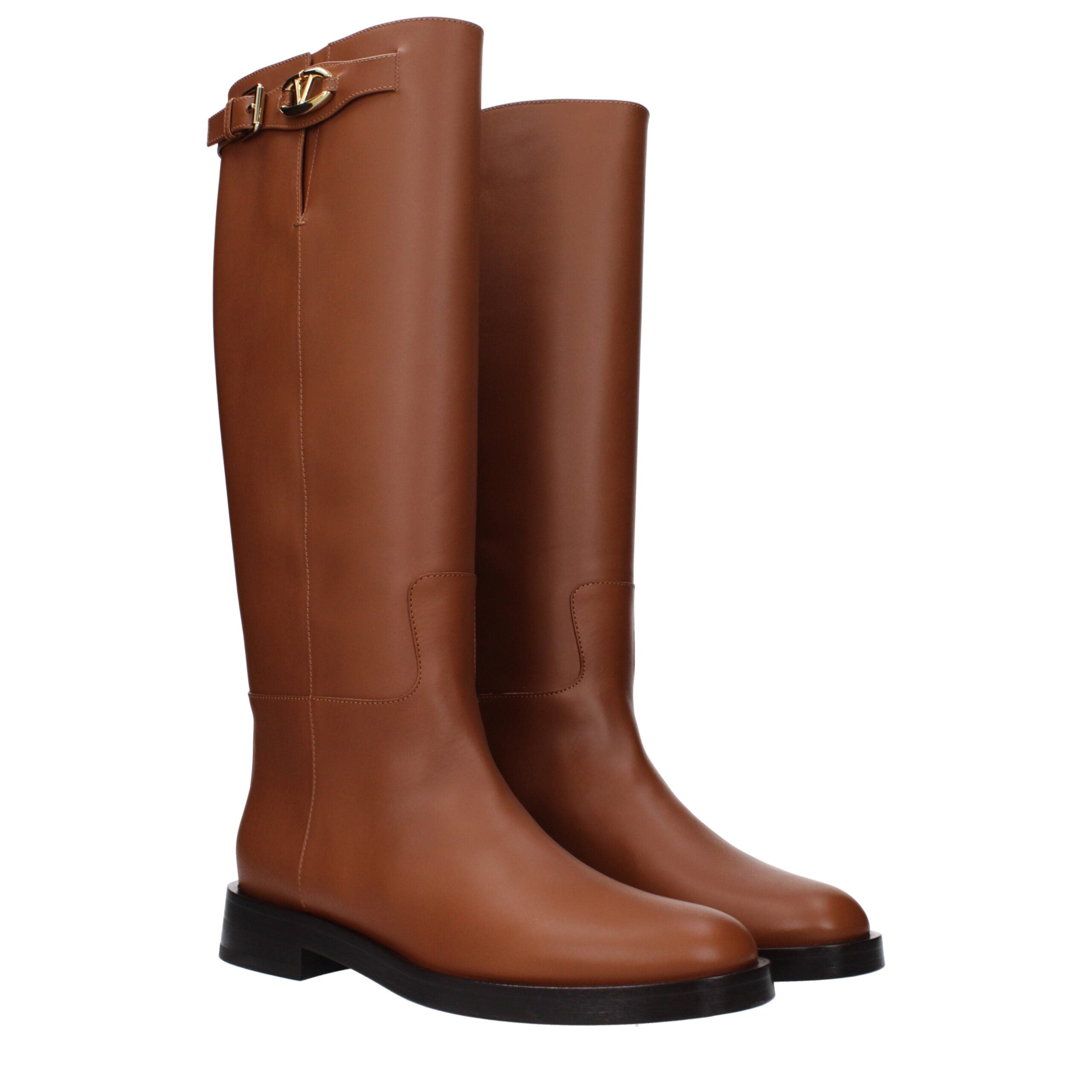 Valentino Garavani VLogo Signature Knee-High Riding Boots in Tobacco Leather