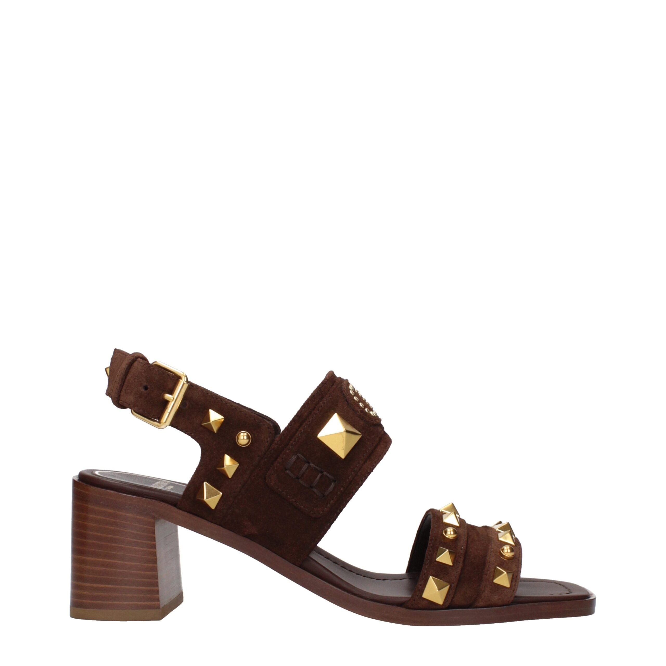 Valentino Garavani Brown Suede Studded Strap Sandals with Logo