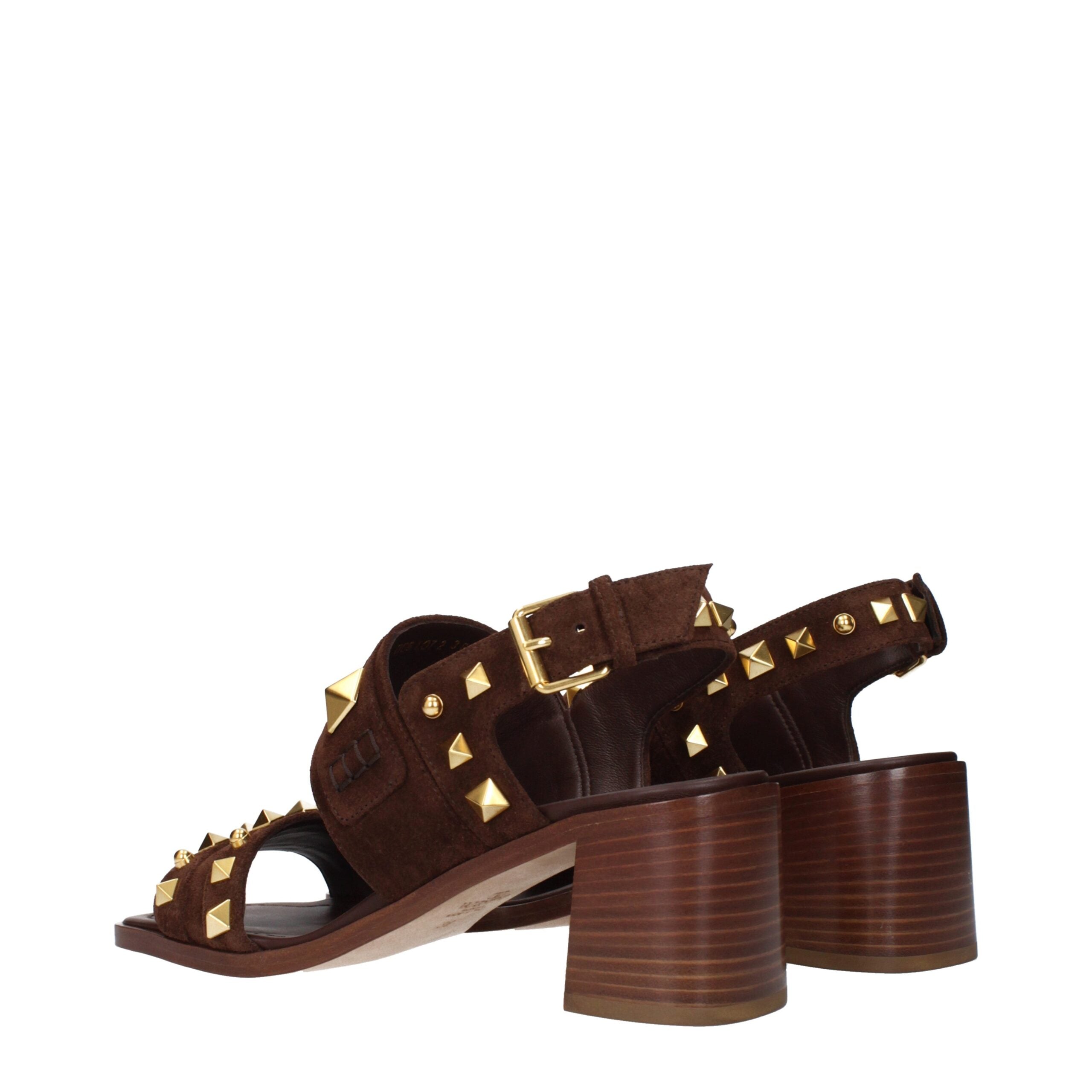Valentino Garavani Brown Suede Studded Strap Sandals with Logo